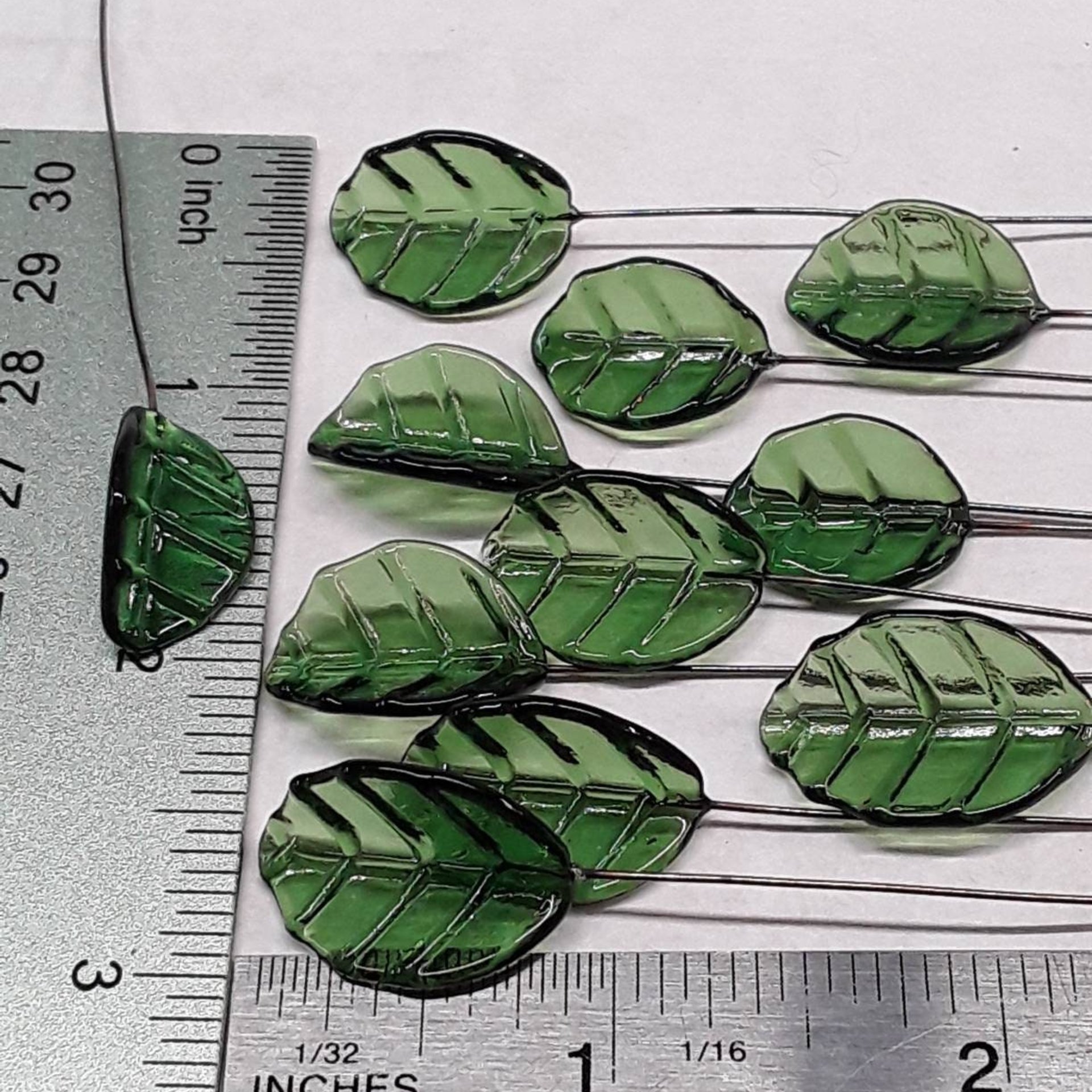 Bent Sage Green Leaf, Glass leaf headpins tiny small glass leaf shape on wire; handcrafted lampwork, mixed media, jewelry, wedding host gift