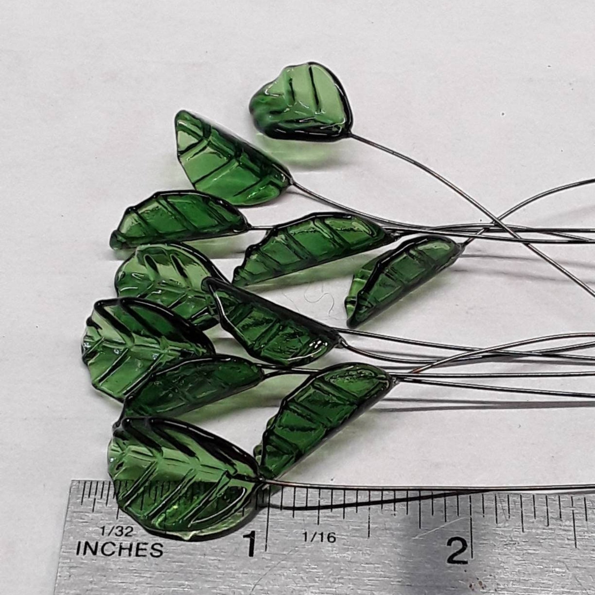 Bent Sage Green Leaf, Glass leaf headpins tiny small glass leaf shape on wire; handcrafted lampwork, mixed media, jewelry, wedding host gift