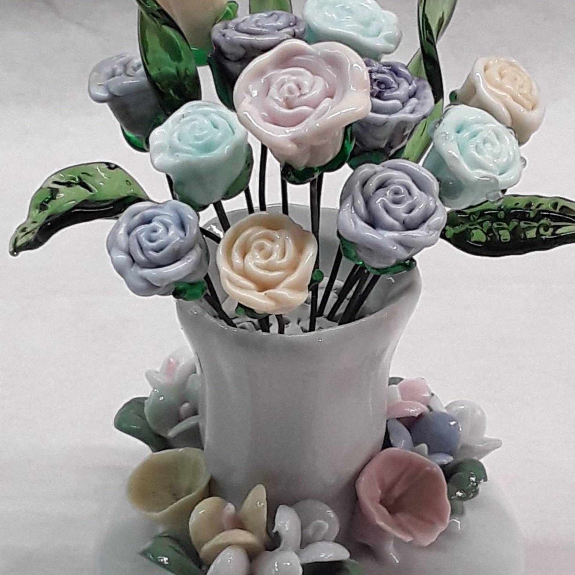 A dozen glass roses bouquet- vintage porcelain vase