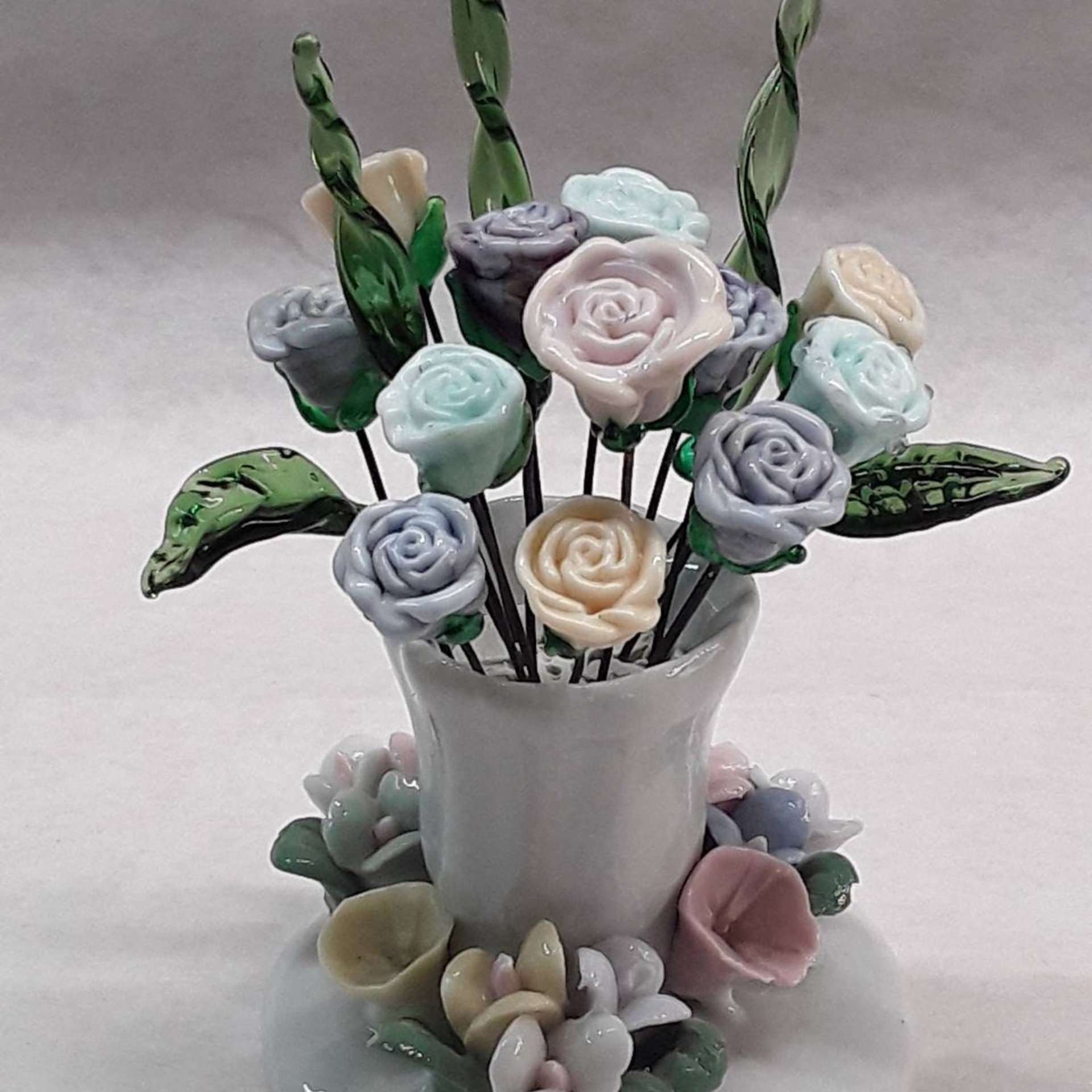 A dozen glass roses bouquet- vintage porcelain vase