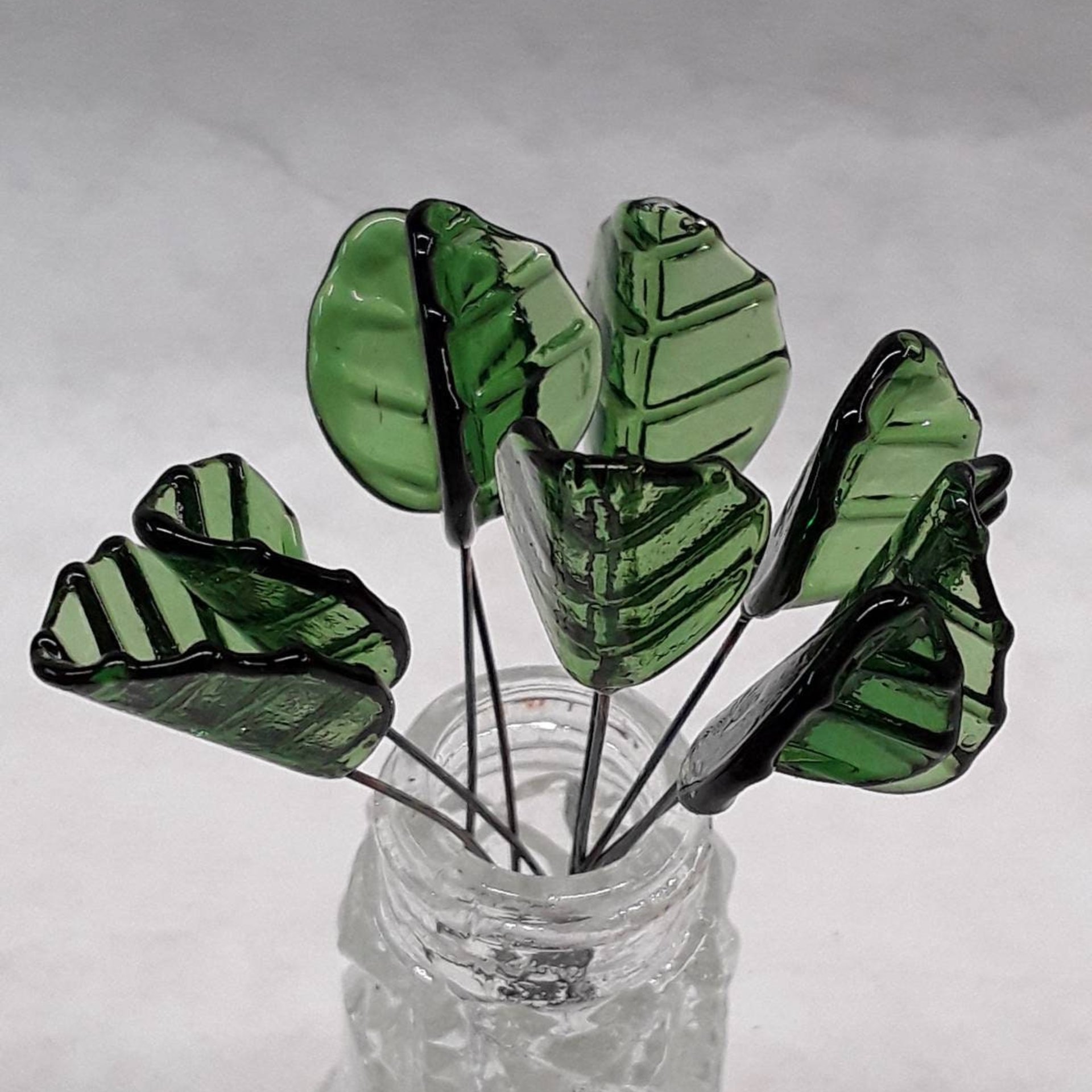 Bent Sage Green Leaf, Glass leaf headpins tiny small glass leaf shape on wire; handcrafted lampwork, mixed media, jewelry, wedding host gift