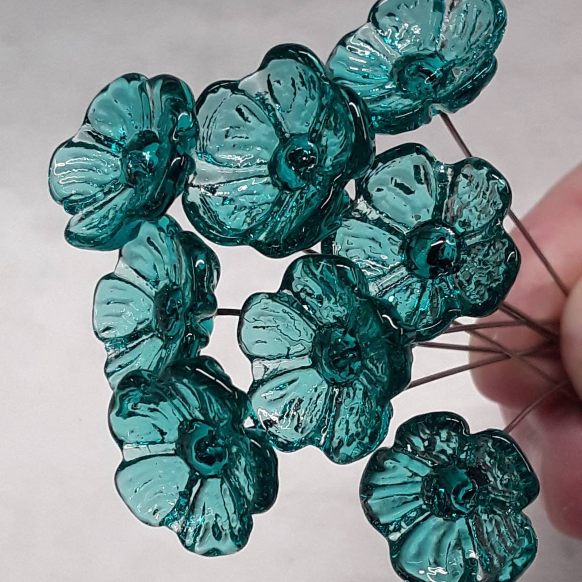Light Seagreen Teal glass flowers on wire, tiny small mini handcrafted lampwork, jewelry, mixed media, wedding, cake decor, small great gift