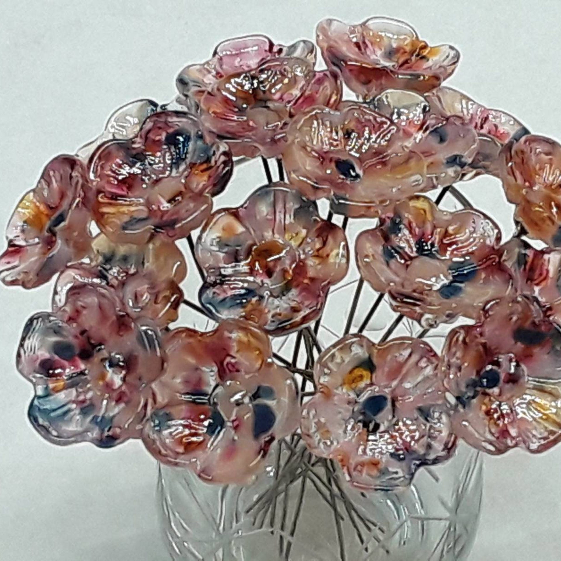 Sedona Desert 5-petal glass flowers, tiny small miniature glass flowers on wire; lampwork, jewelry, mixed media, wedding, southwest