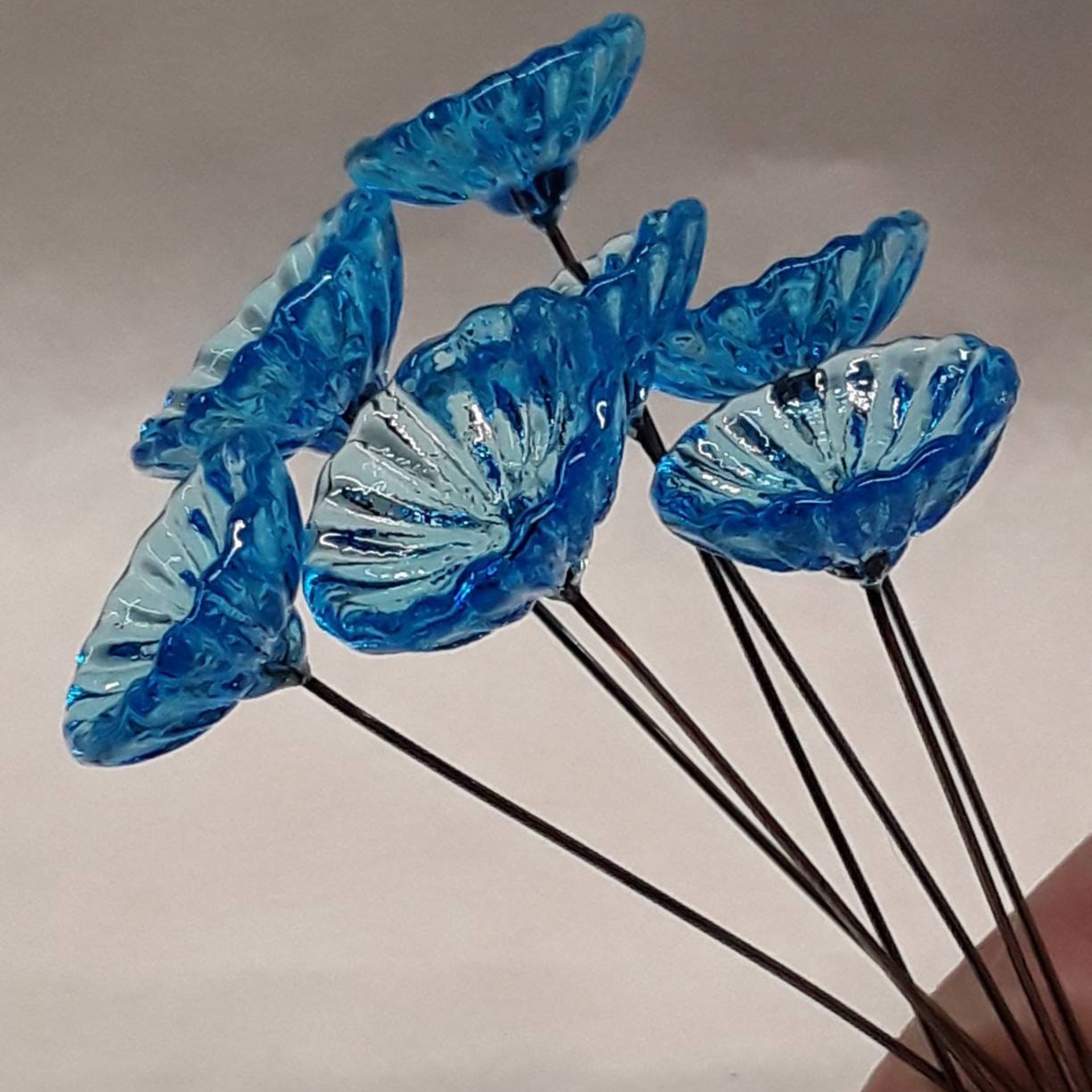 Aqua Coral Disk glass flower headpins (March birthstone) ~ tiny small mini glass flowers on wire; Bouquet, mixed media, curio, fairy garden