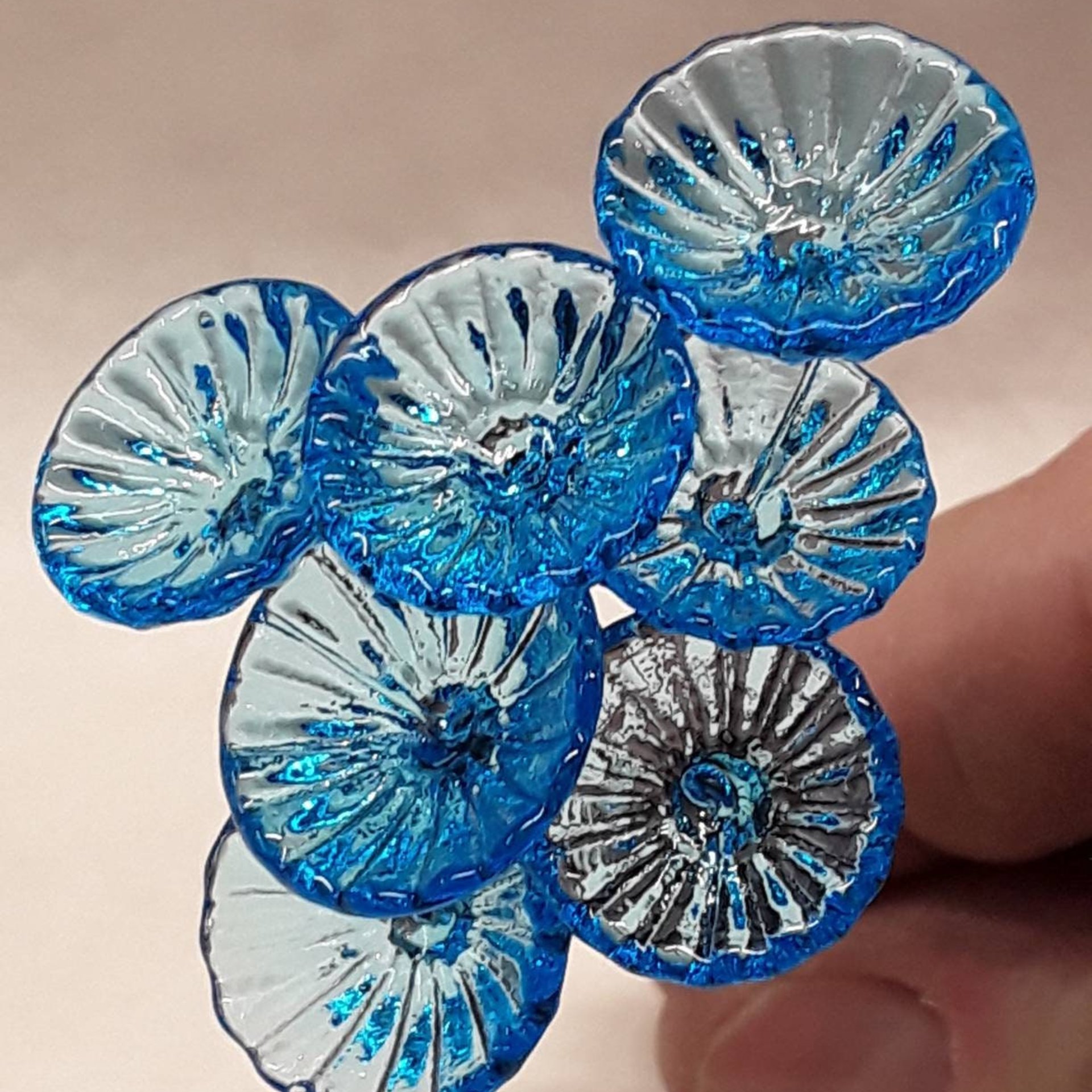 Aqua Coral Disk glass flower headpins (March birthstone) ~ tiny small mini glass flowers on wire; Bouquet, mixed media, curio, fairy garden