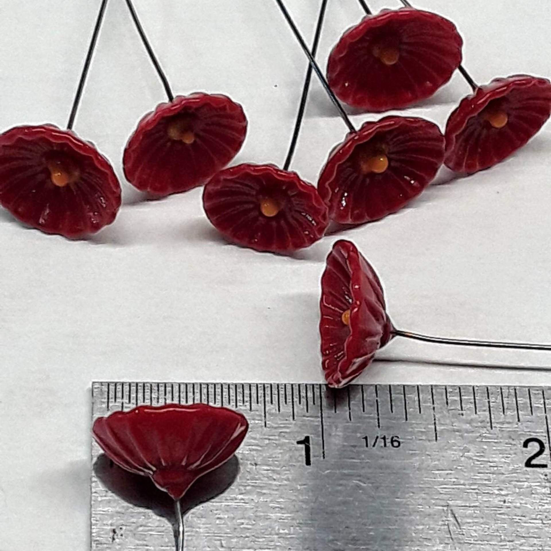 Black & Gold Coral Disk glass flower headpins,tiny small mini glass flowers on wire; glass lampwork, jewelry, mixed media, gifts college