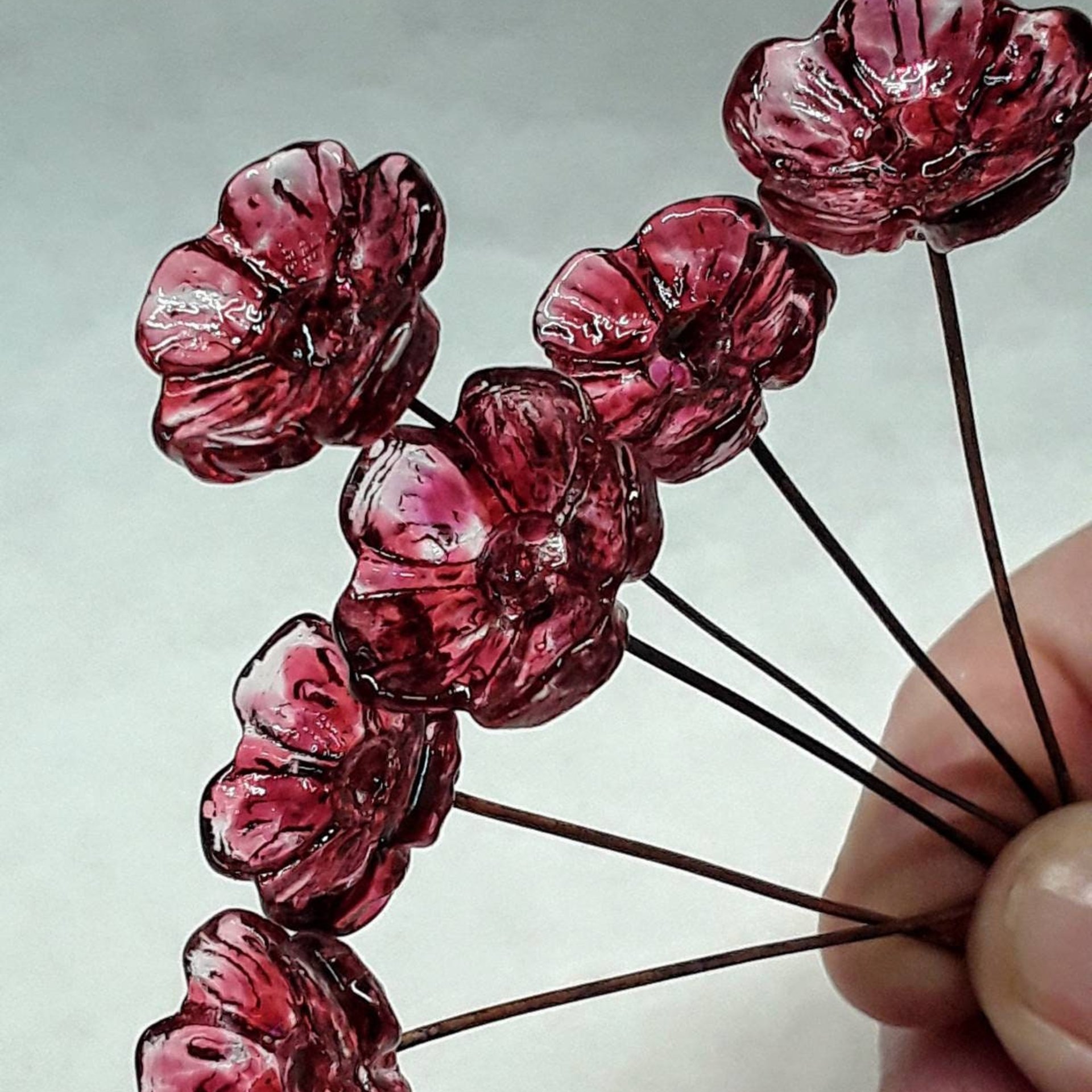 Variegated Cranberry glass flower on wire headpins; tiny small mini glass flowers  handmade lampwork, jewelry, bouquets, gifts, mixed media