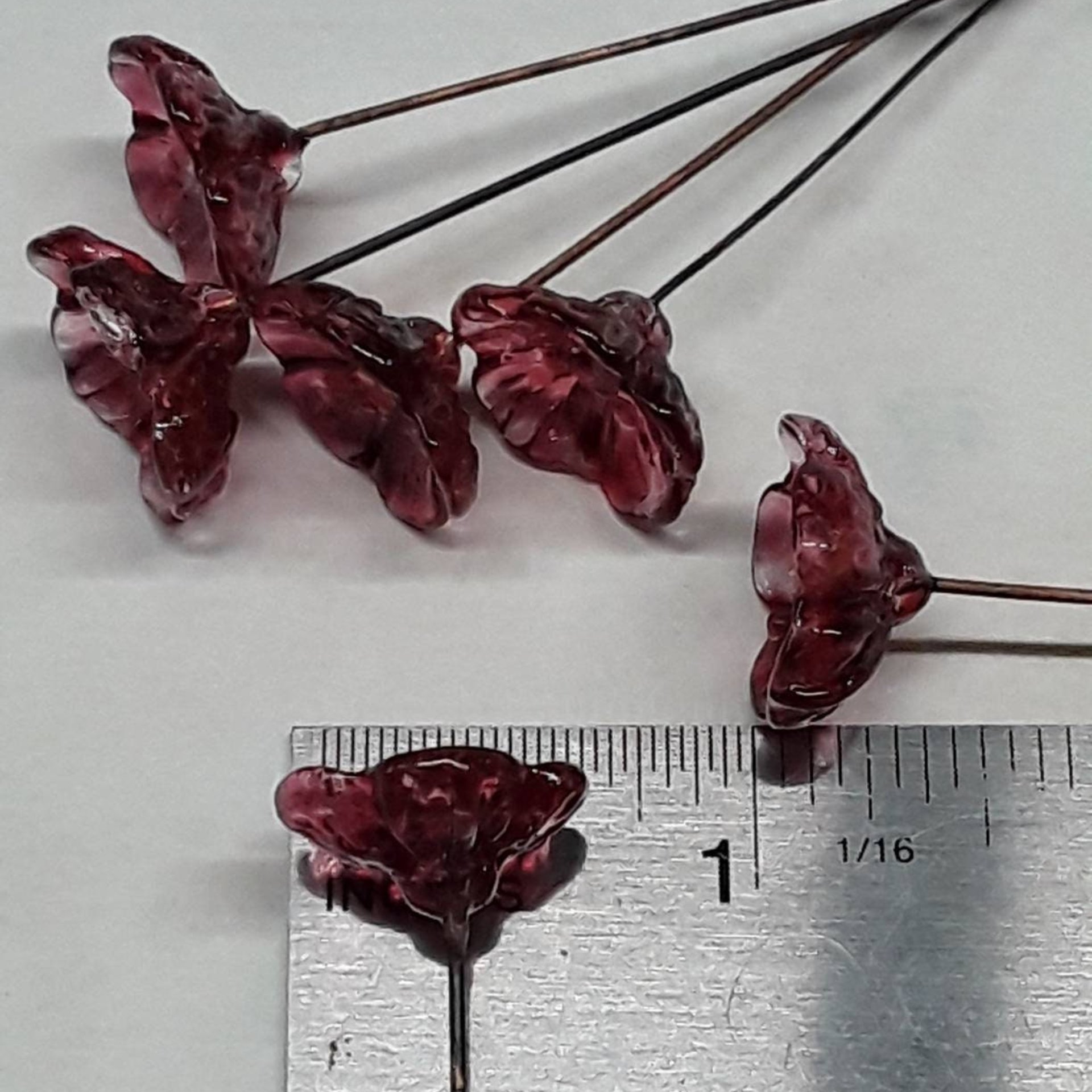 Variegated Cranberry glass flower on wire headpins; tiny small mini glass flowers  handmade lampwork, jewelry, bouquets, gifts, mixed media