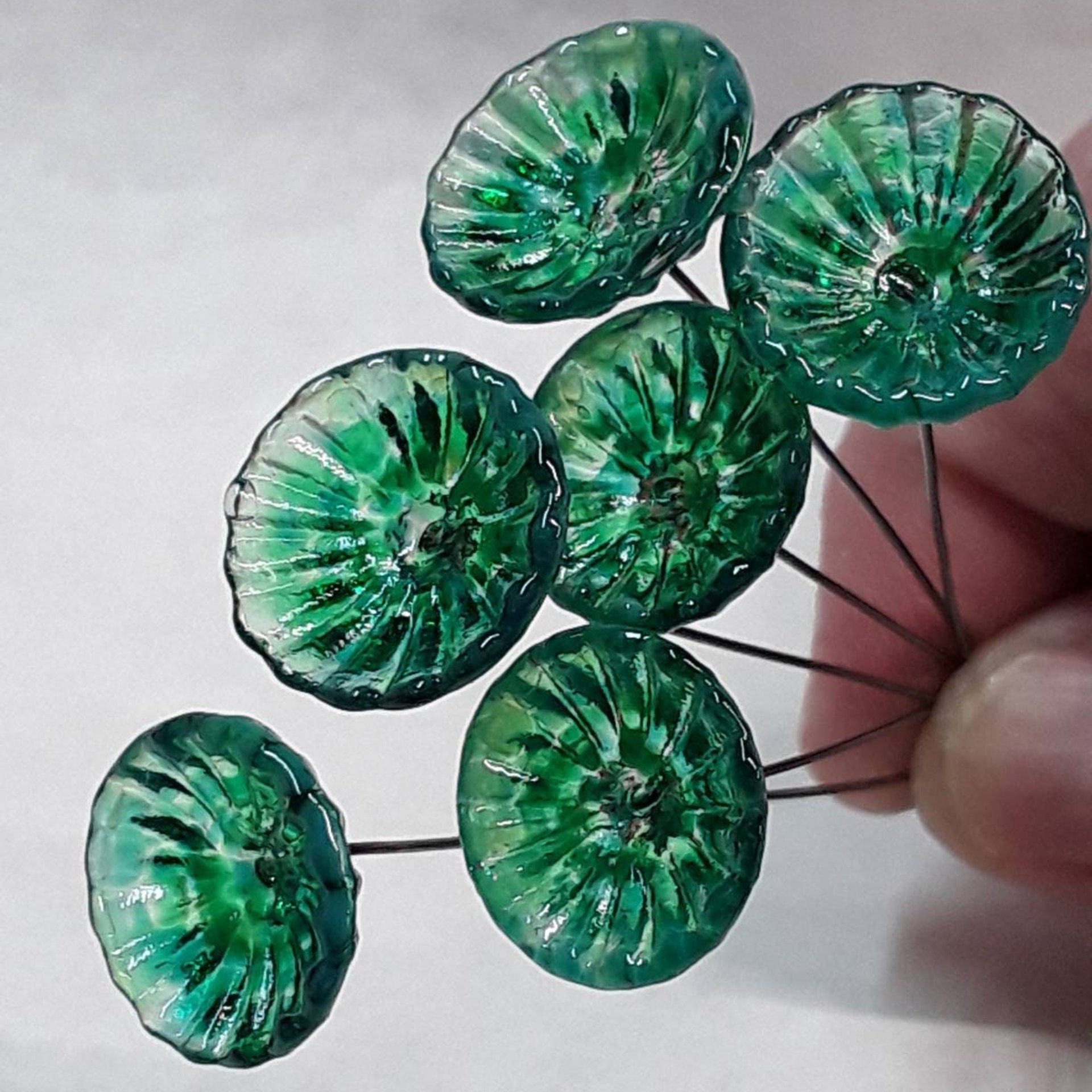 Lilypad Coral Disk glass flowers, tiny small mini glass flowers on wire; handcrafted lampwork, jewelry, mixed media, cabin, wedding, gift