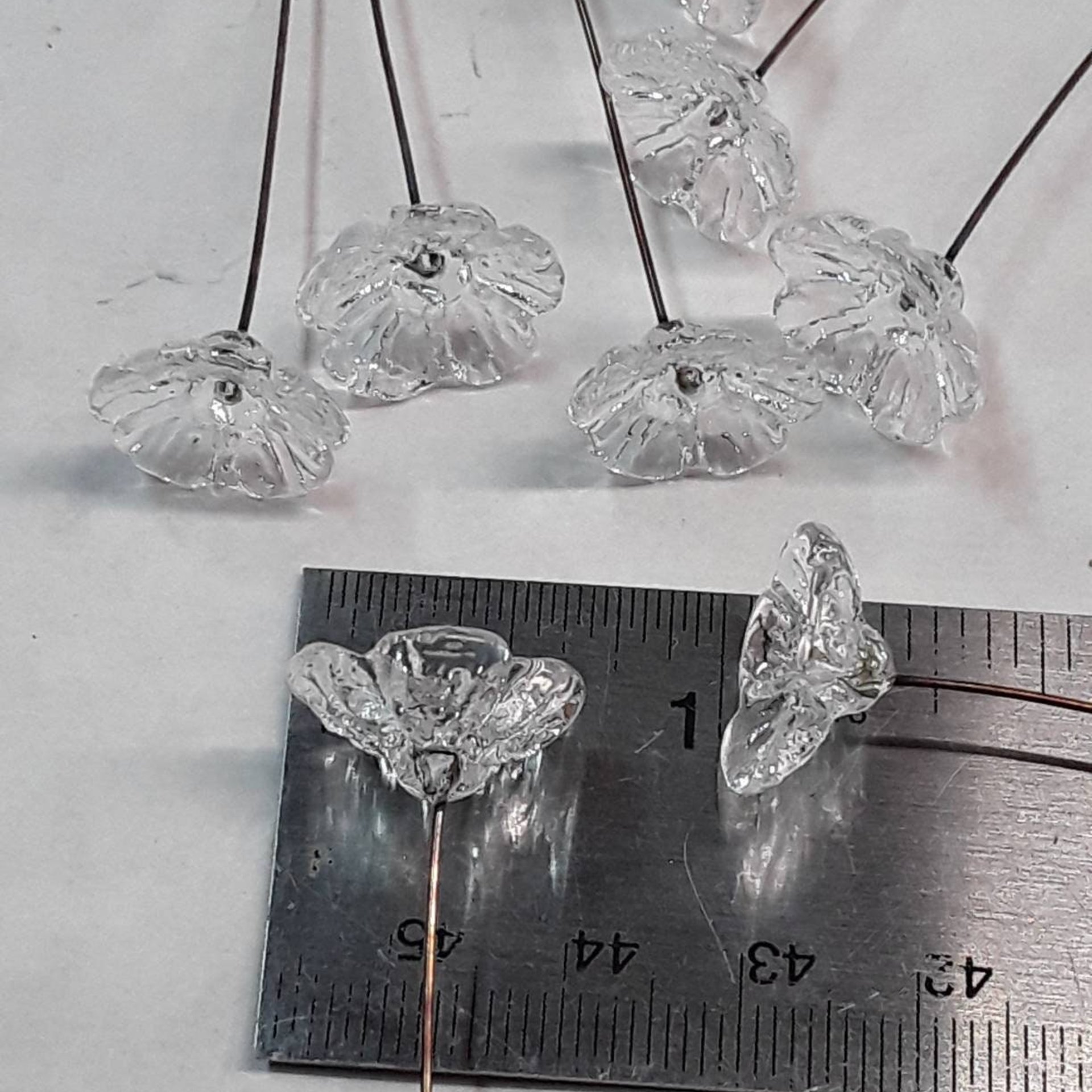 Crystal Clear glass flower headpins (April Birthstone) mini tiny small glass flowers on wire;  lampwork, jewelry, mixed media, wedding, gifts