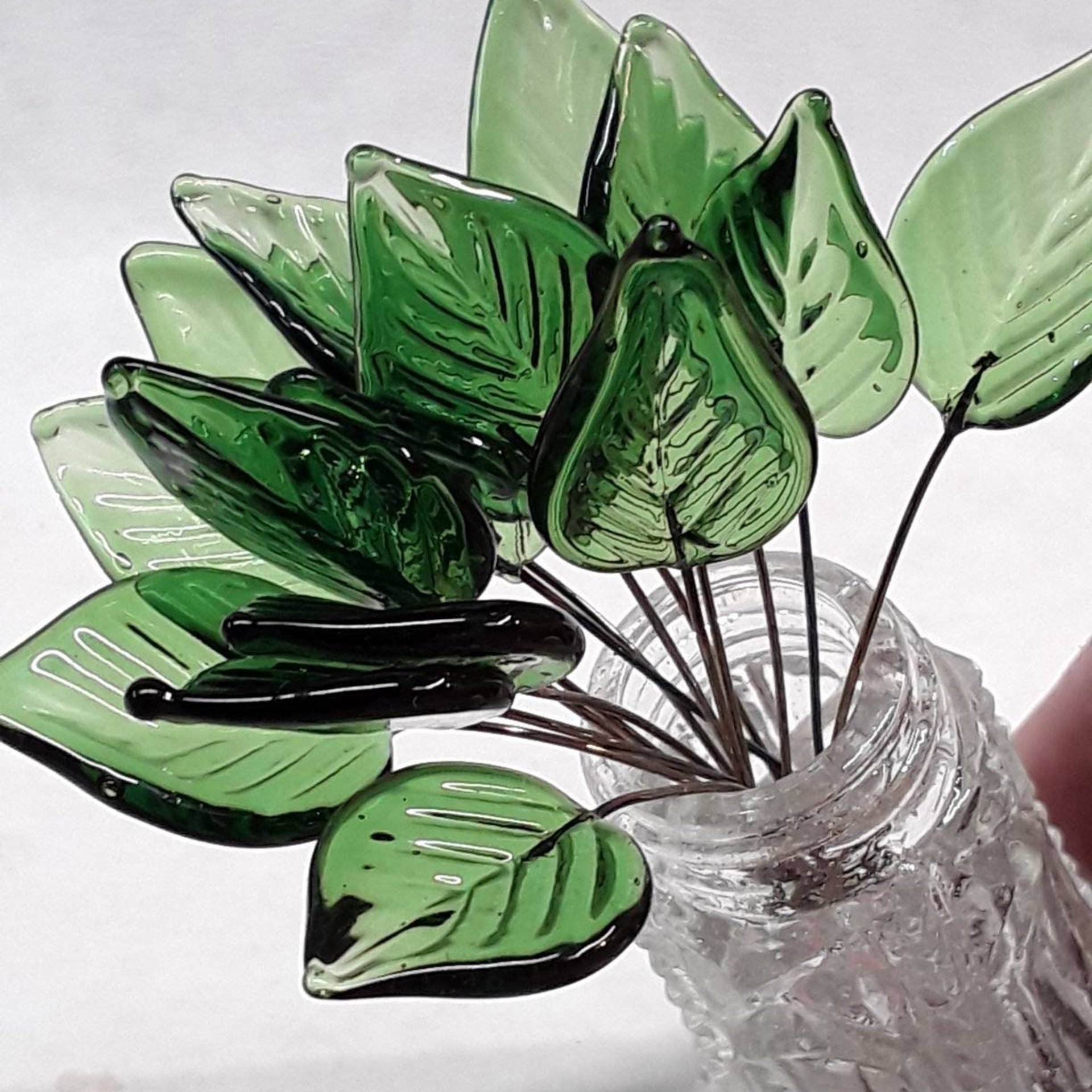 Elegant Sage Green Glass Leaf Headpins;tiny small glass leaf shape on wire; handcrafted lampwork, jewelry, mixed media, wedding decor, plant