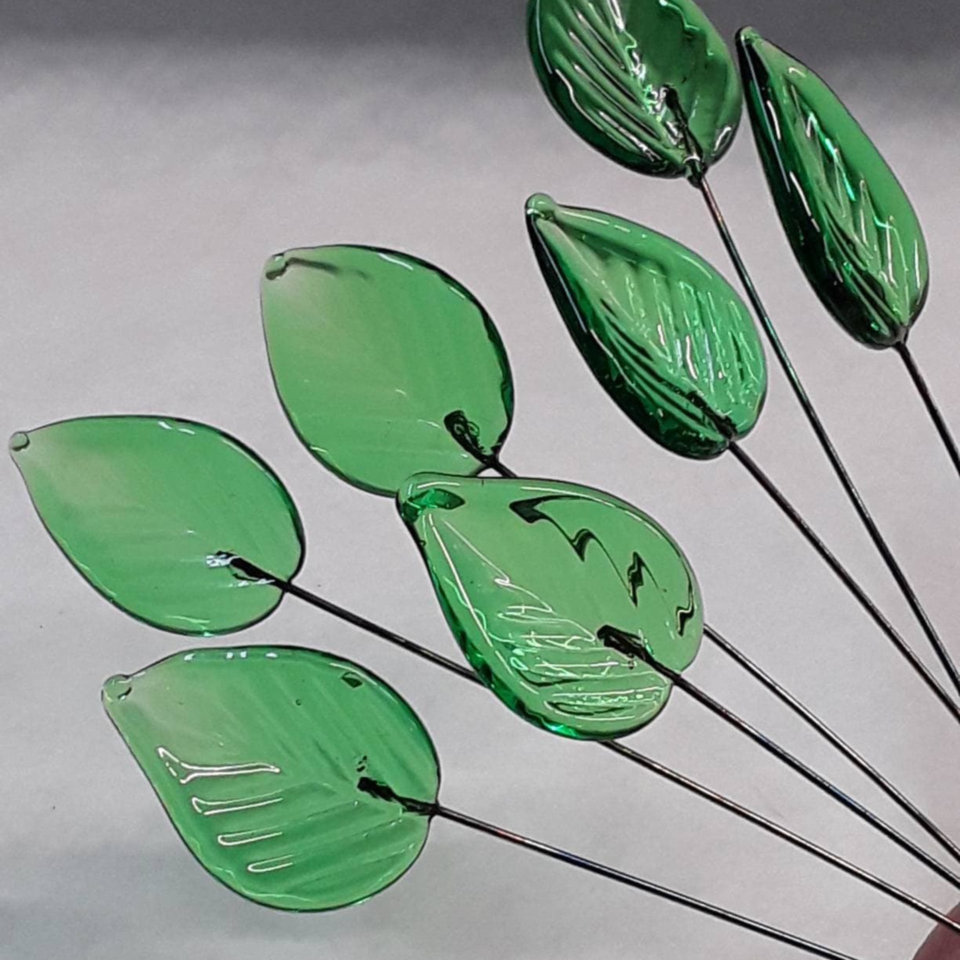 Elegant Medium Green Glass Leaf Headpins;  tiny, small glass leaf shape on wire. Perfect for jewelry, mixed media, wedding decor, host gift