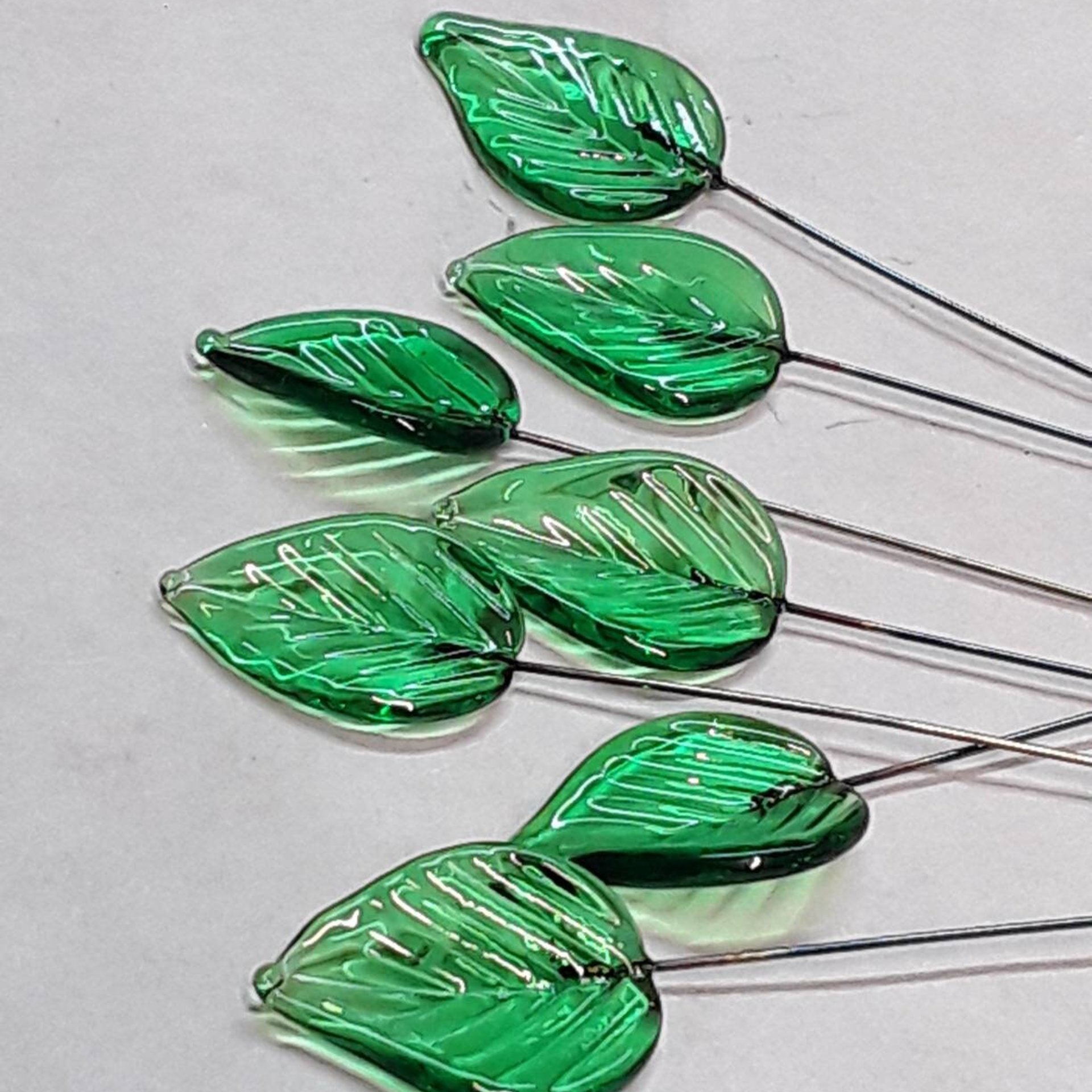 Elegant Medium Green Glass Leaf Headpins;  tiny, small glass leaf shape on wire. Perfect for jewelry, mixed media, wedding decor, host gift
