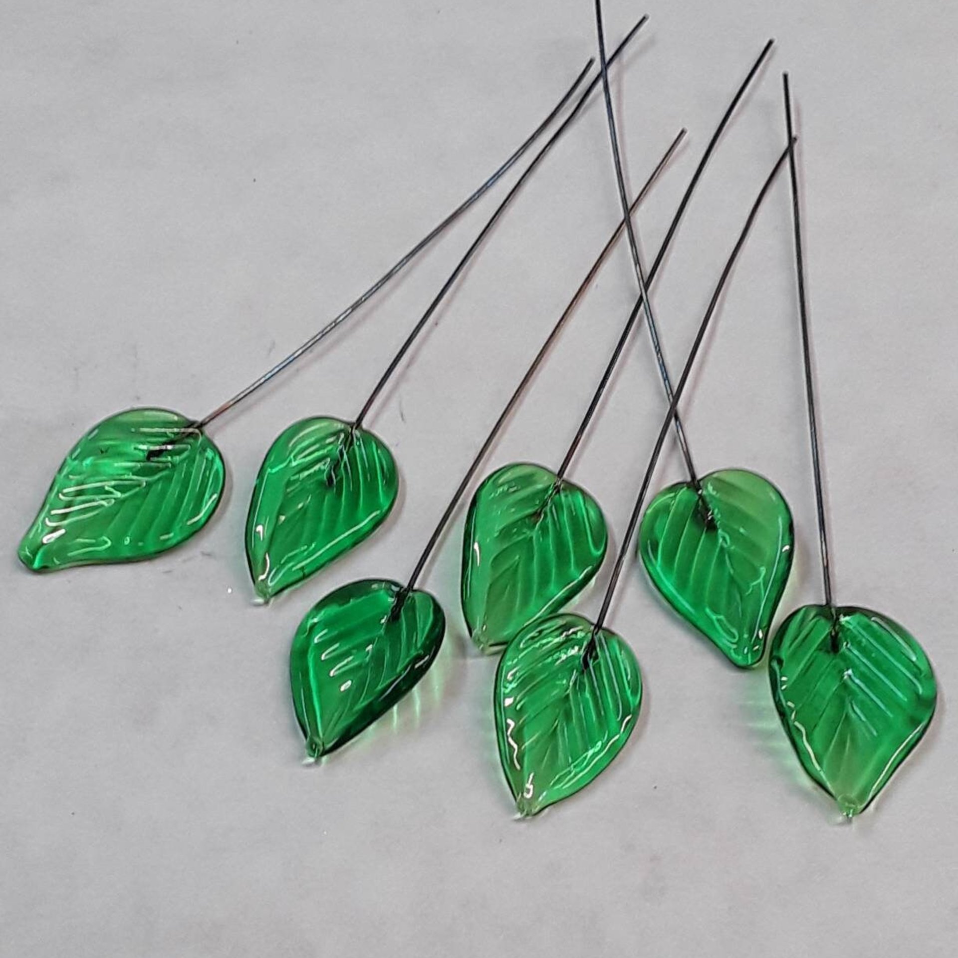 Elegant Medium Green Glass Leaf Headpins;  tiny, small glass leaf shape on wire. Perfect for jewelry, mixed media, wedding decor, host gift