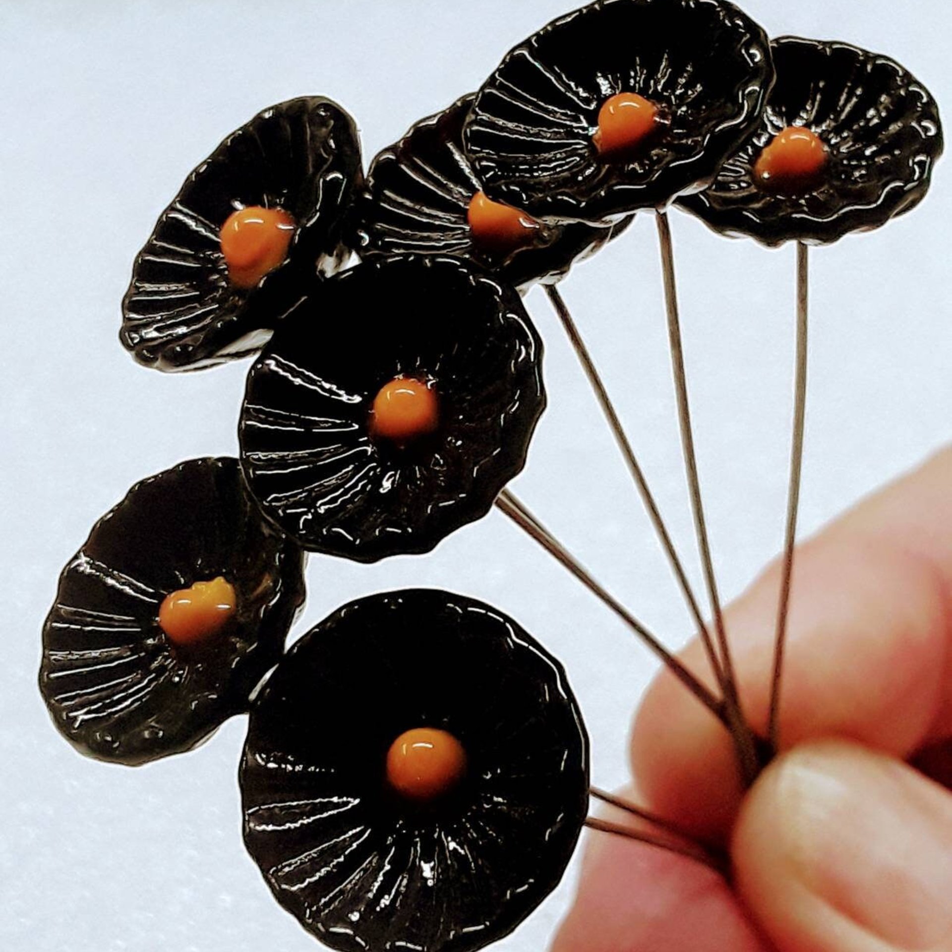 Black & Gold Coral Disk glass flower headpins,tiny small mini glass flowers on wire; glass lampwork, jewelry, mixed media, gifts college