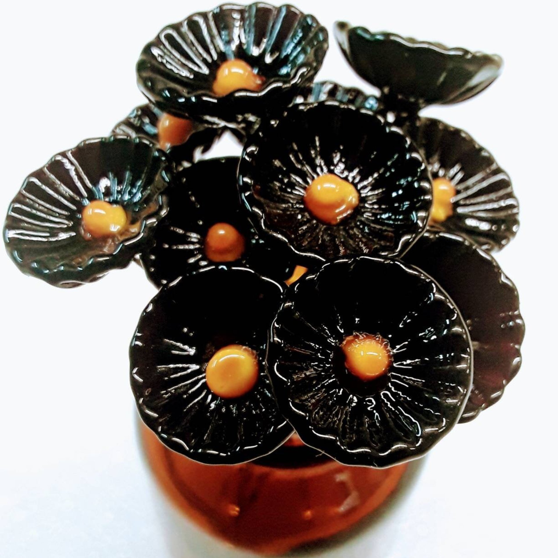 Black & Gold Coral Disk glass flower headpins,tiny small mini glass flowers on wire; glass lampwork, jewelry, mixed media, gifts college