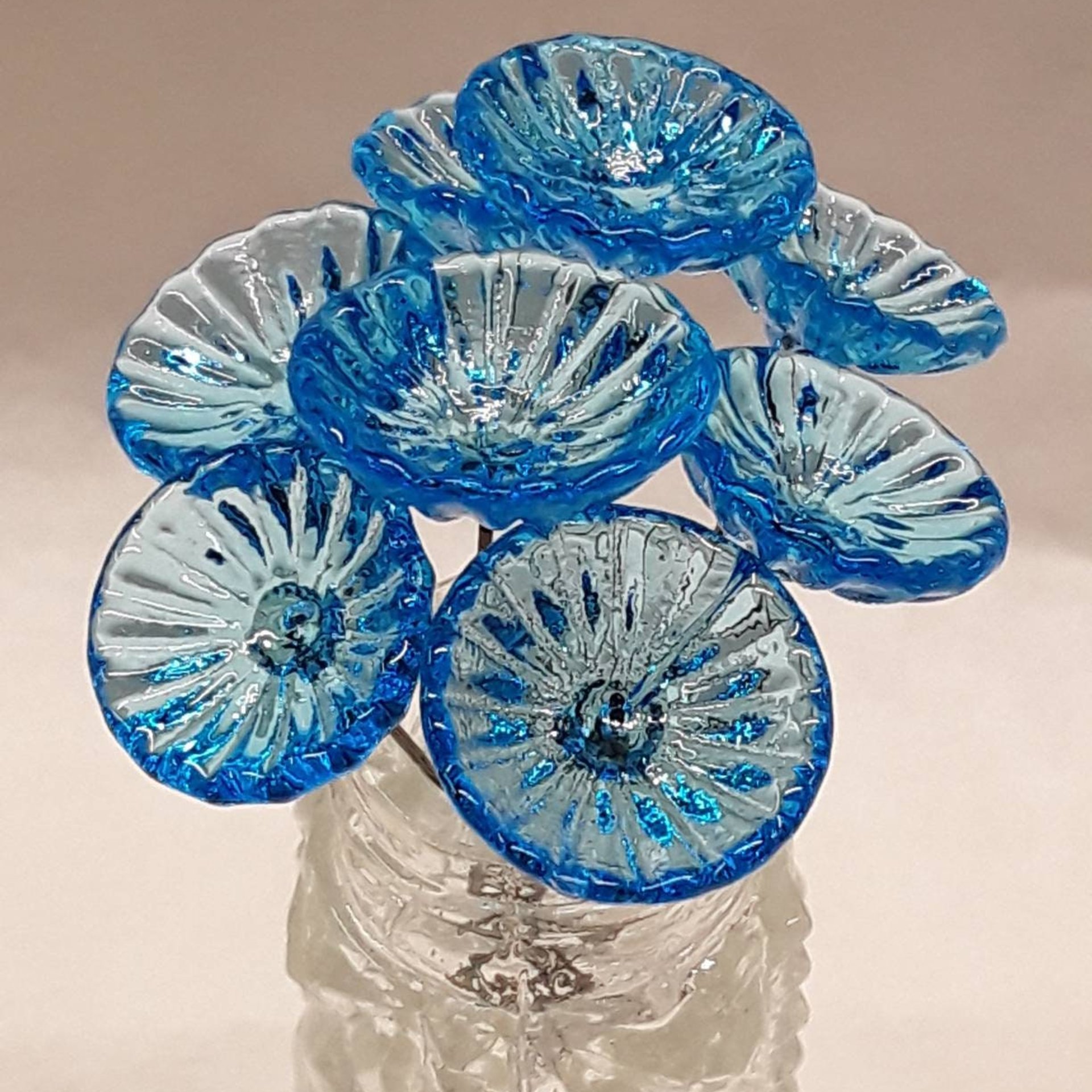 Aqua Coral Disk glass flower headpins (March birthstone) ~ tiny small mini glass flowers on wire; Bouquet, mixed media, curio, fairy garden