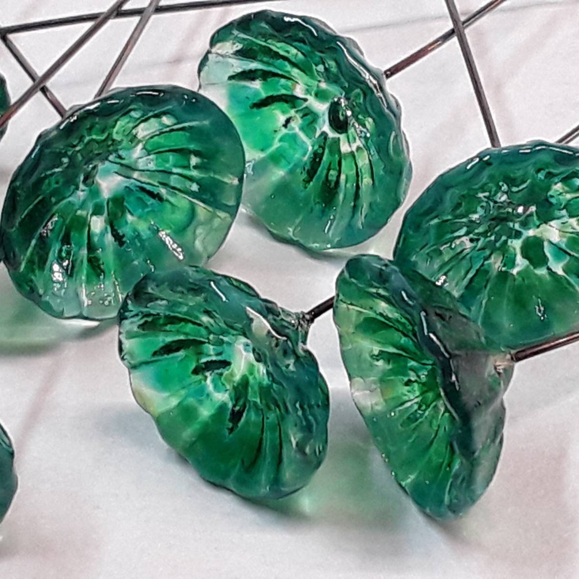 Lilypad Coral Disk glass flowers, tiny small mini glass flowers on wire; handcrafted lampwork, jewelry, mixed media, cabin, wedding, gift