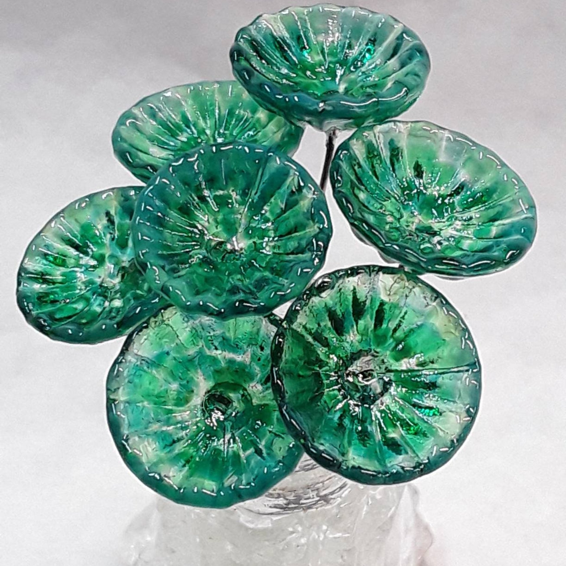 Lilypad Coral Disk glass flowers, tiny small mini glass flowers on wire; handcrafted lampwork, jewelry, mixed media, cabin, wedding, gift