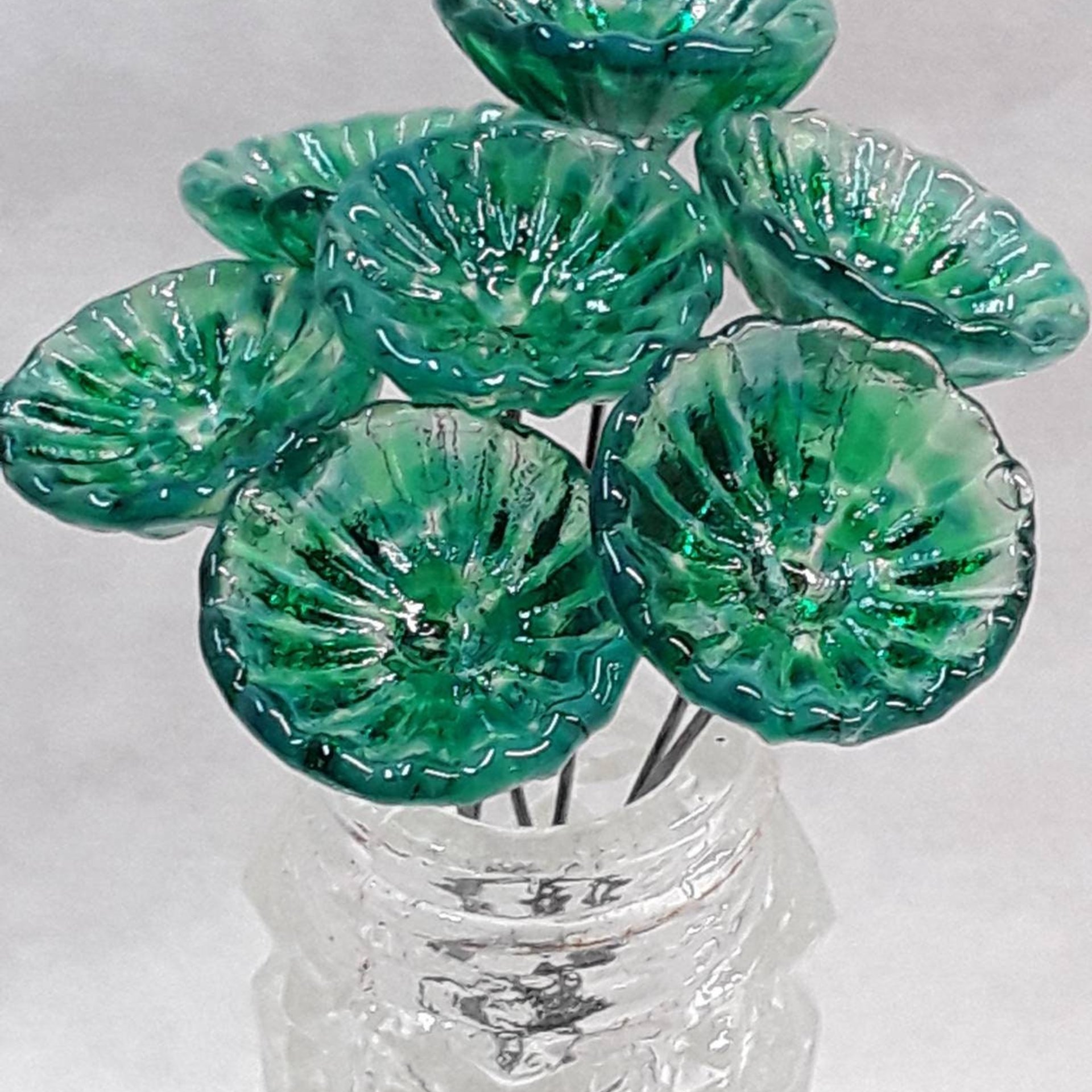 Lilypad Coral Disk glass flowers, tiny small mini glass flowers on wire; handcrafted lampwork, jewelry, mixed media, cabin, wedding, gift