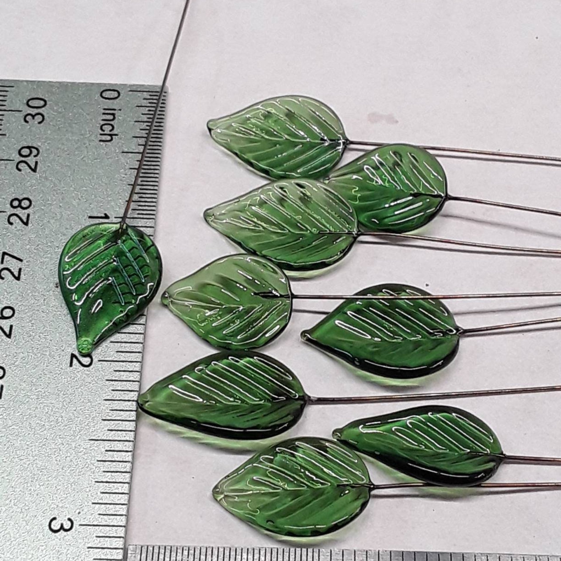 Elegant Sage Green Glass Leaf Headpins;tiny small glass leaf shape on wire; handcrafted lampwork, jewelry, mixed media, wedding decor, plant