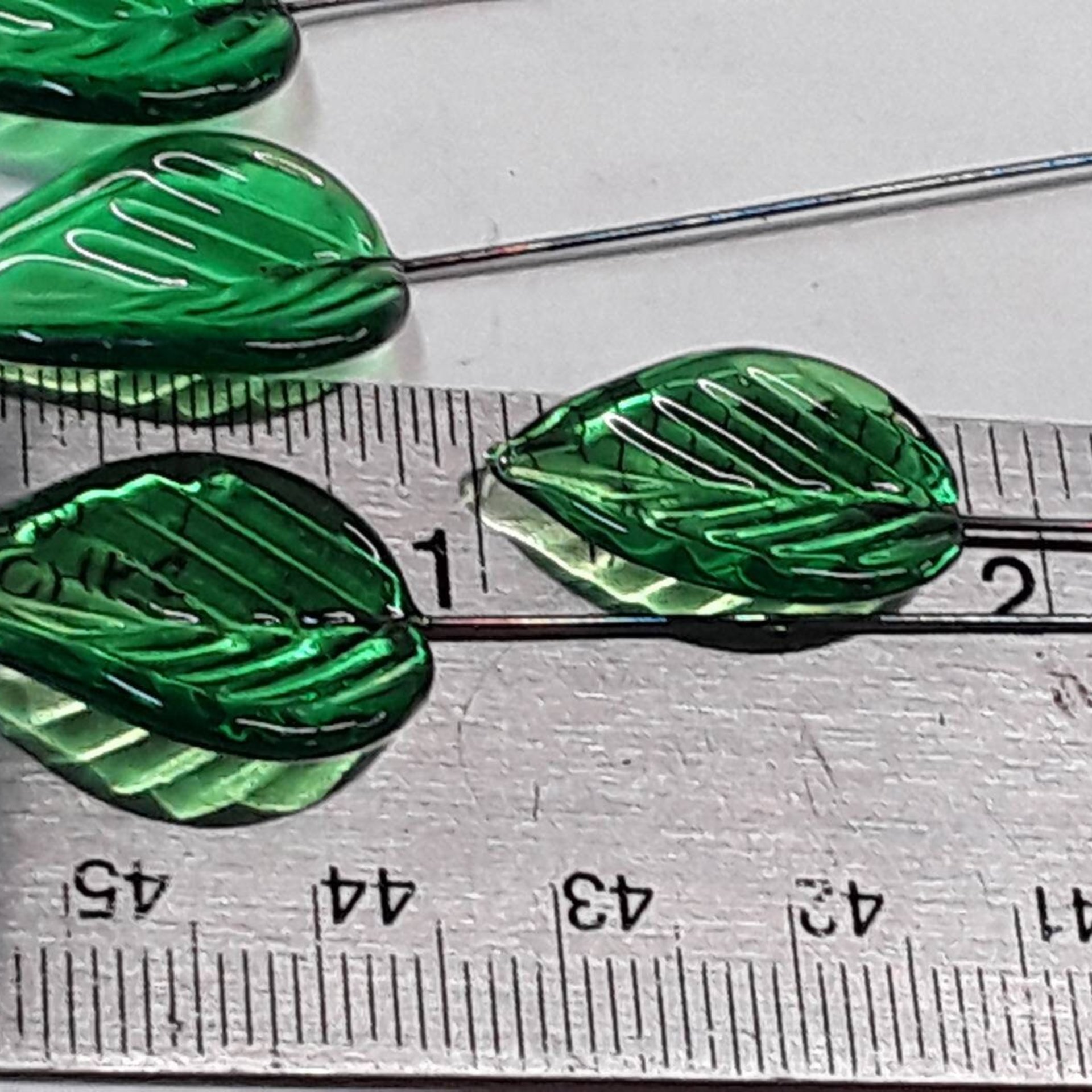 Elegant Medium Green Glass Leaf Headpins;  tiny, small glass leaf shape on wire. Perfect for jewelry, mixed media, wedding decor, host gift
