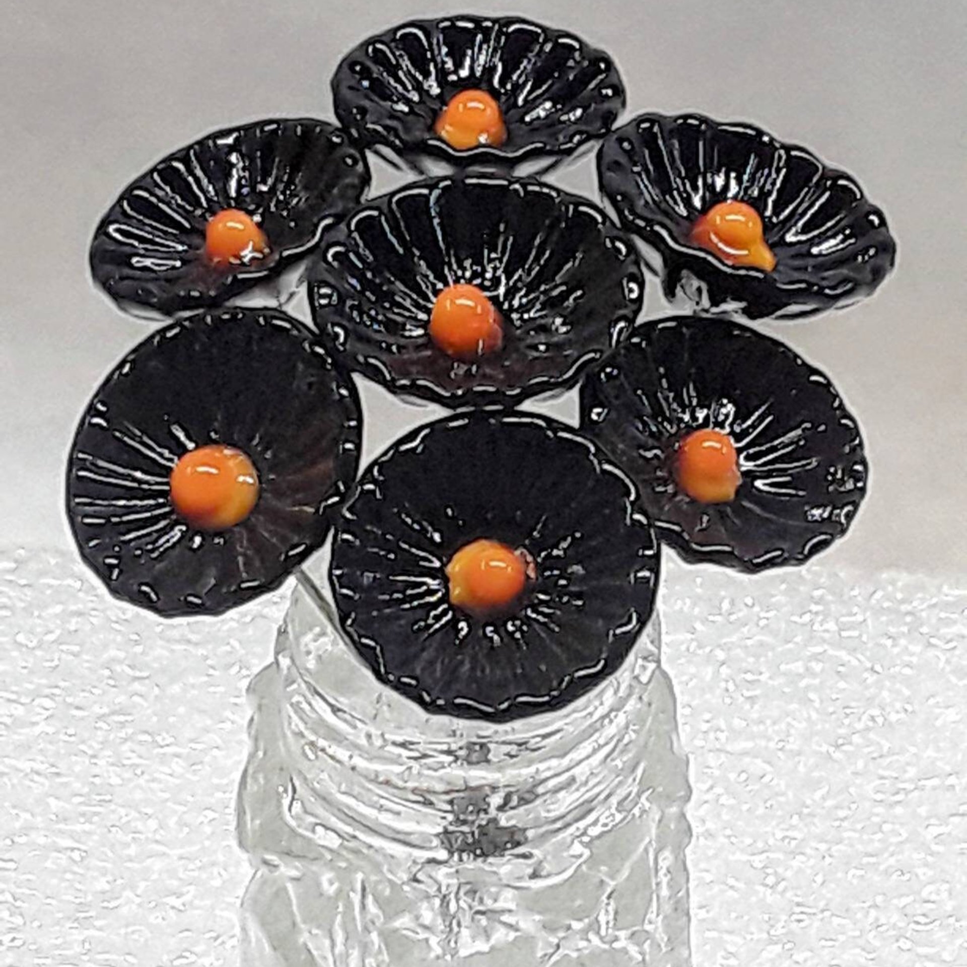 Black & Gold Coral Disk glass flower headpins,tiny small mini glass flowers on wire; glass lampwork, jewelry, mixed media, gifts college