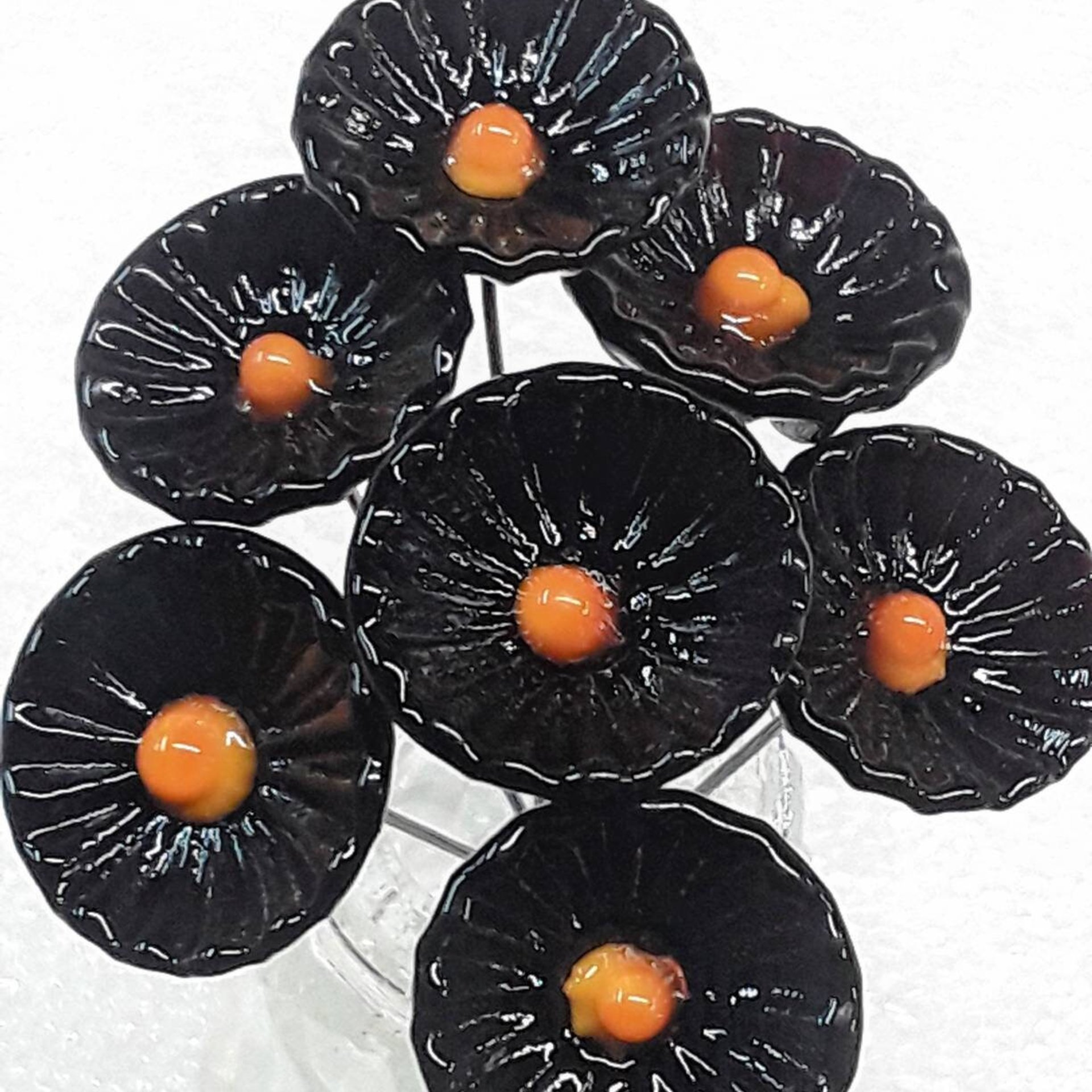 Black & Gold Coral Disk glass flower headpins,tiny small mini glass flowers on wire; glass lampwork, jewelry, mixed media, gifts college