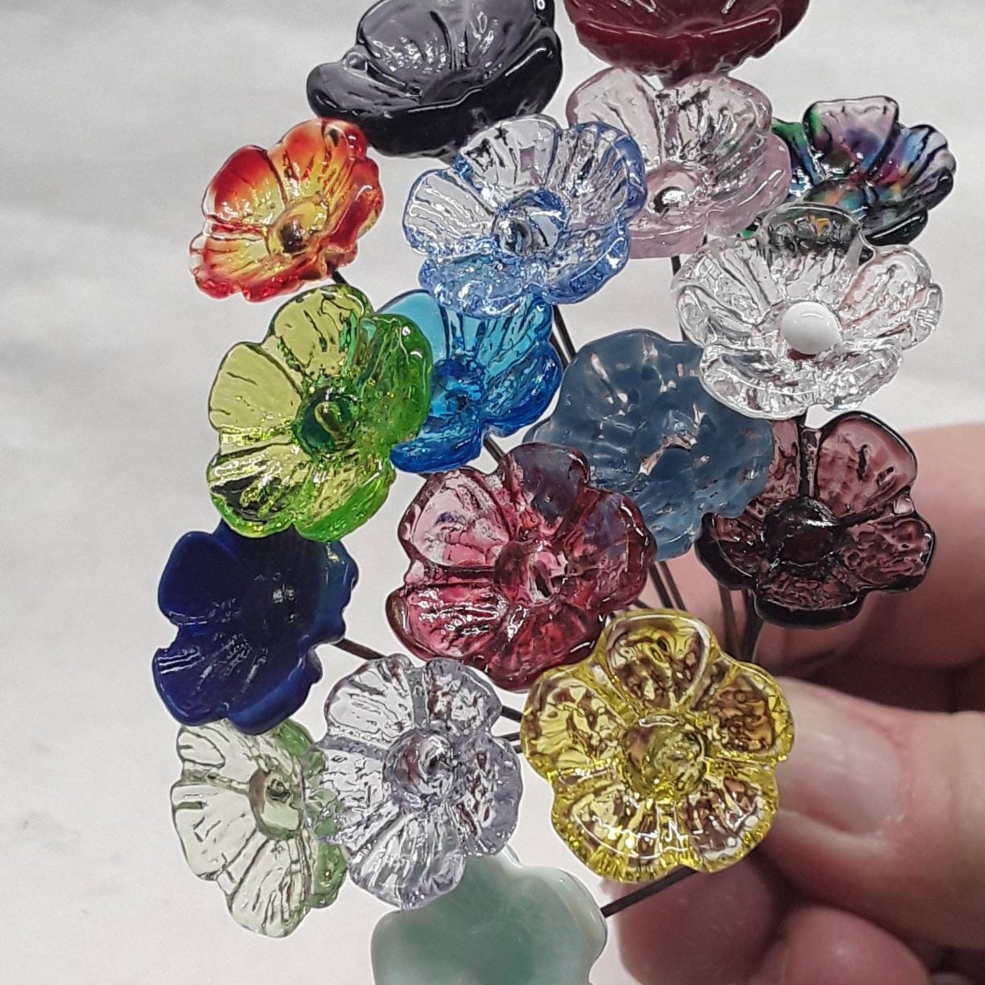 5-petal glass flower headpins ~ tiny small mini glass flowers on wire - flower bouquet; individually crafted lampwork for jewelry, bouquets