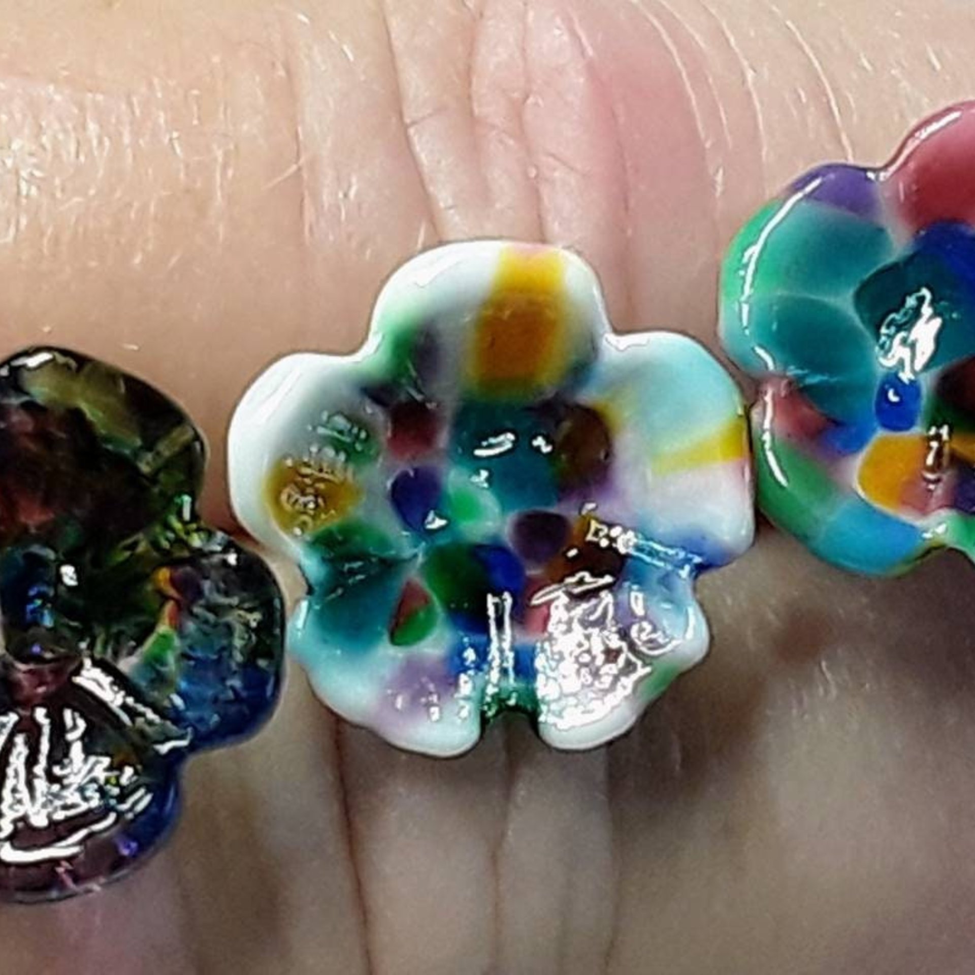 Tie Dye 5-petal glass flower headpins ~ tiny small mini glass flowers on wire; individually crafted lampwork by me in my studio