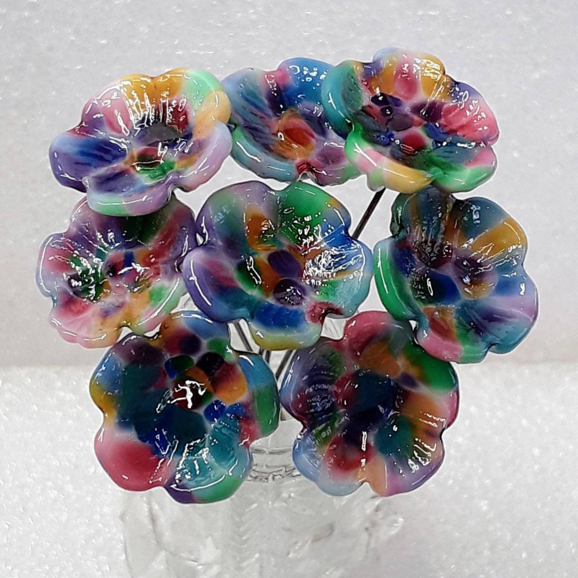 Tie Dye 5-petal glass flower headpins ~ tiny small mini glass flowers on wire; individually crafted lampwork by me in my studio