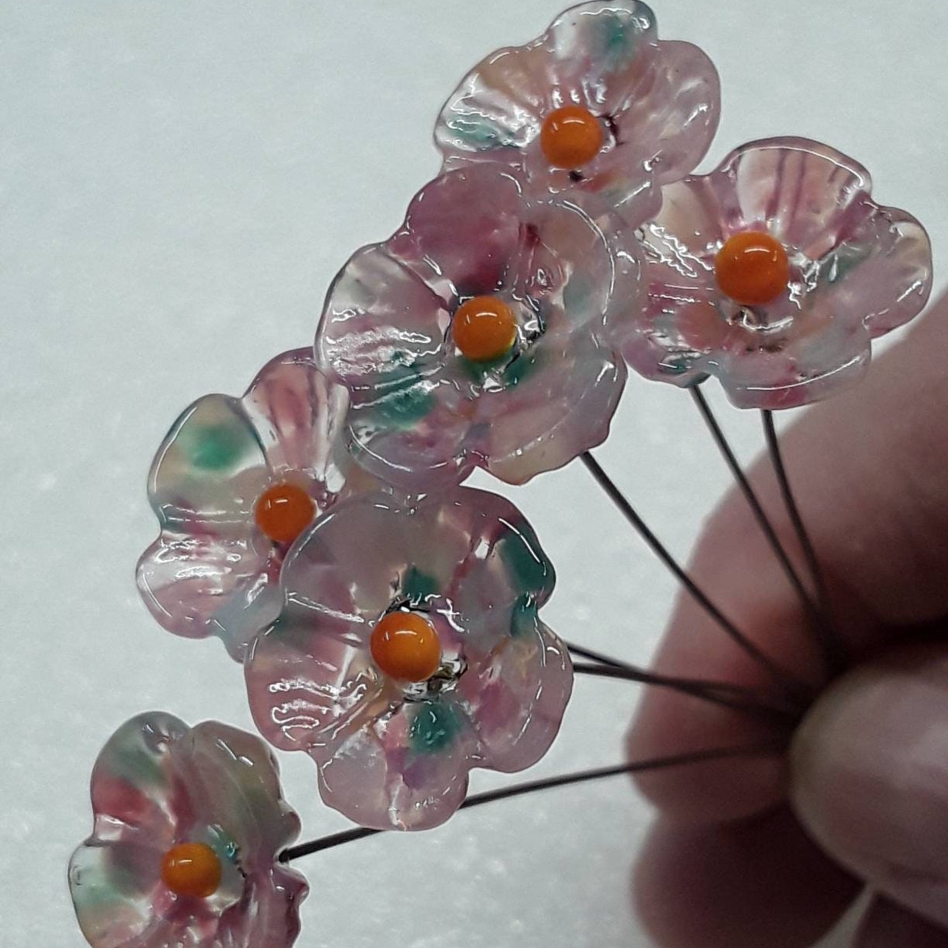 Cherry Blosom 5-petal glass flowers, tiny small mini glass flowers on wire;handcrafted lampwork, jewelry, mixed media, weddings, plant, gift