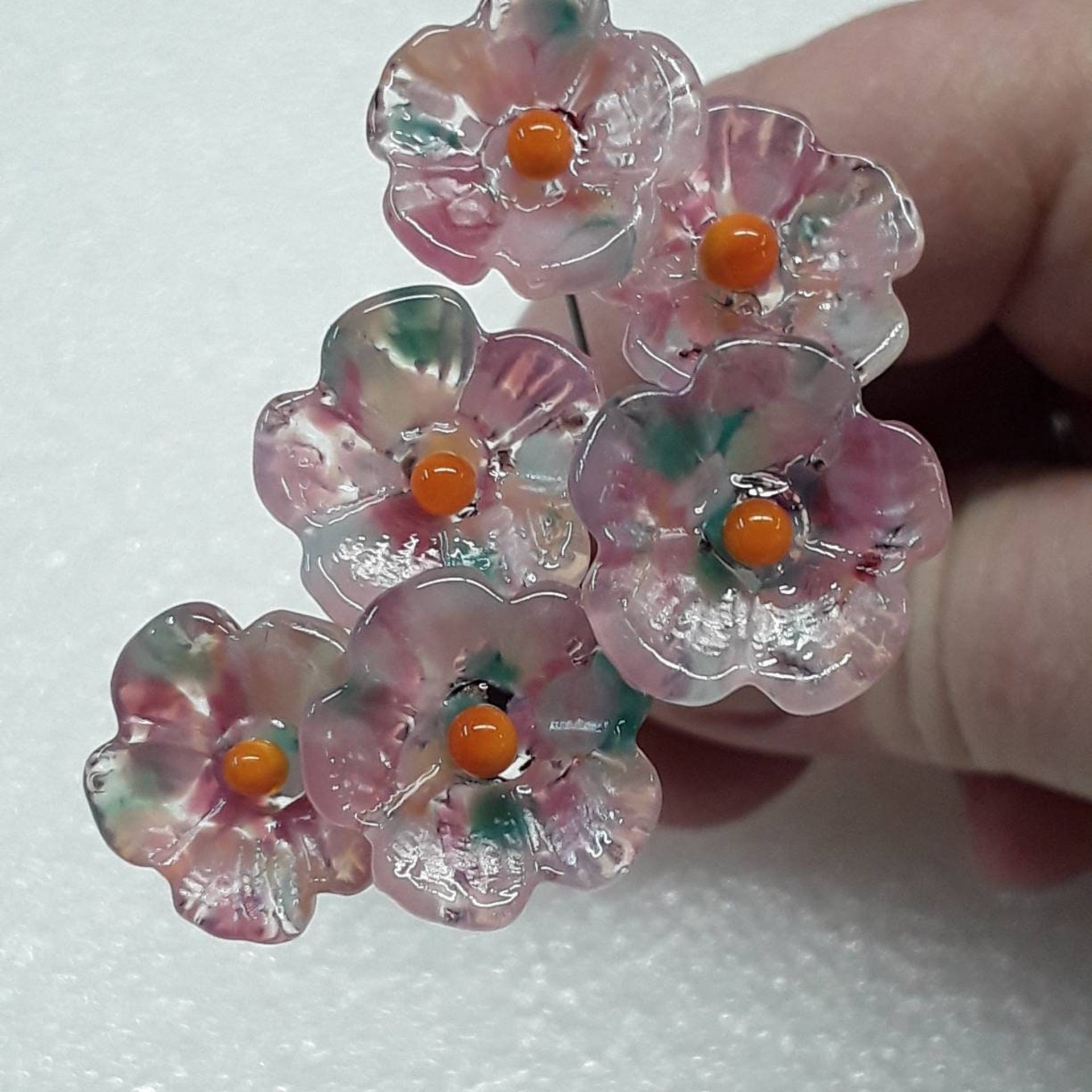 Cherry Blosom 5-petal glass flowers, tiny small mini glass flowers on wire;handcrafted lampwork, jewelry, mixed media, weddings, plant, gift