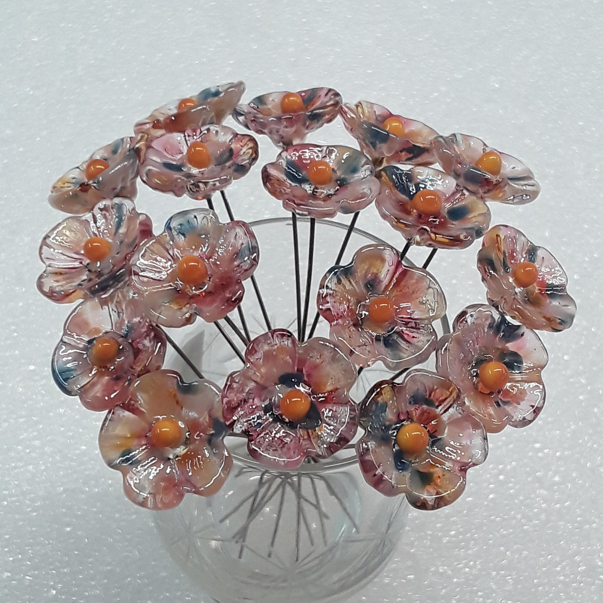 Sedona Desert 5-petal glass flowers, tiny small miniature glass flowers on wire; lampwork, jewelry, mixed media, wedding, southwest