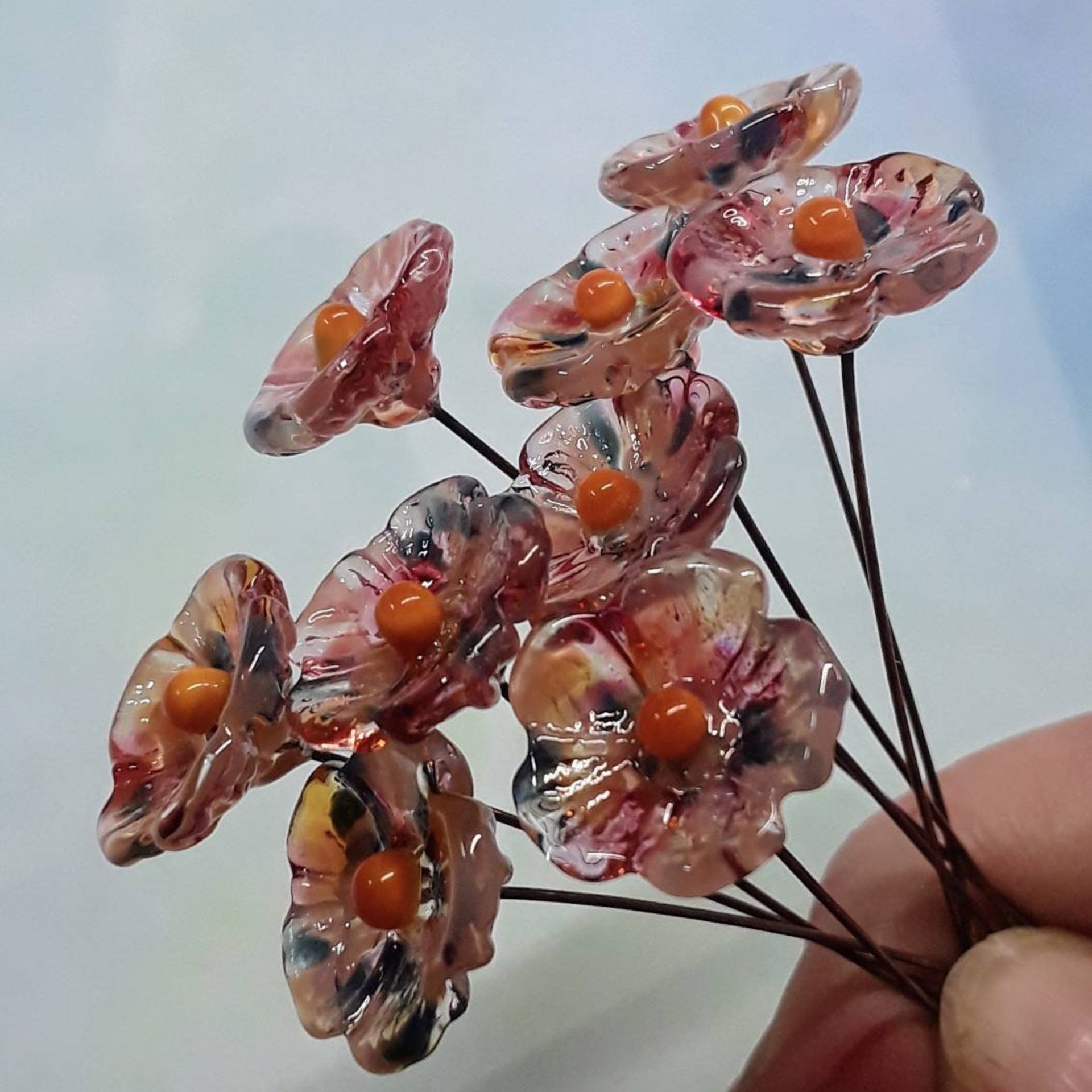 Sedona Desert 5-petal glass flowers, tiny small miniature glass flowers on wire; lampwork, jewelry, mixed media, wedding, southwest