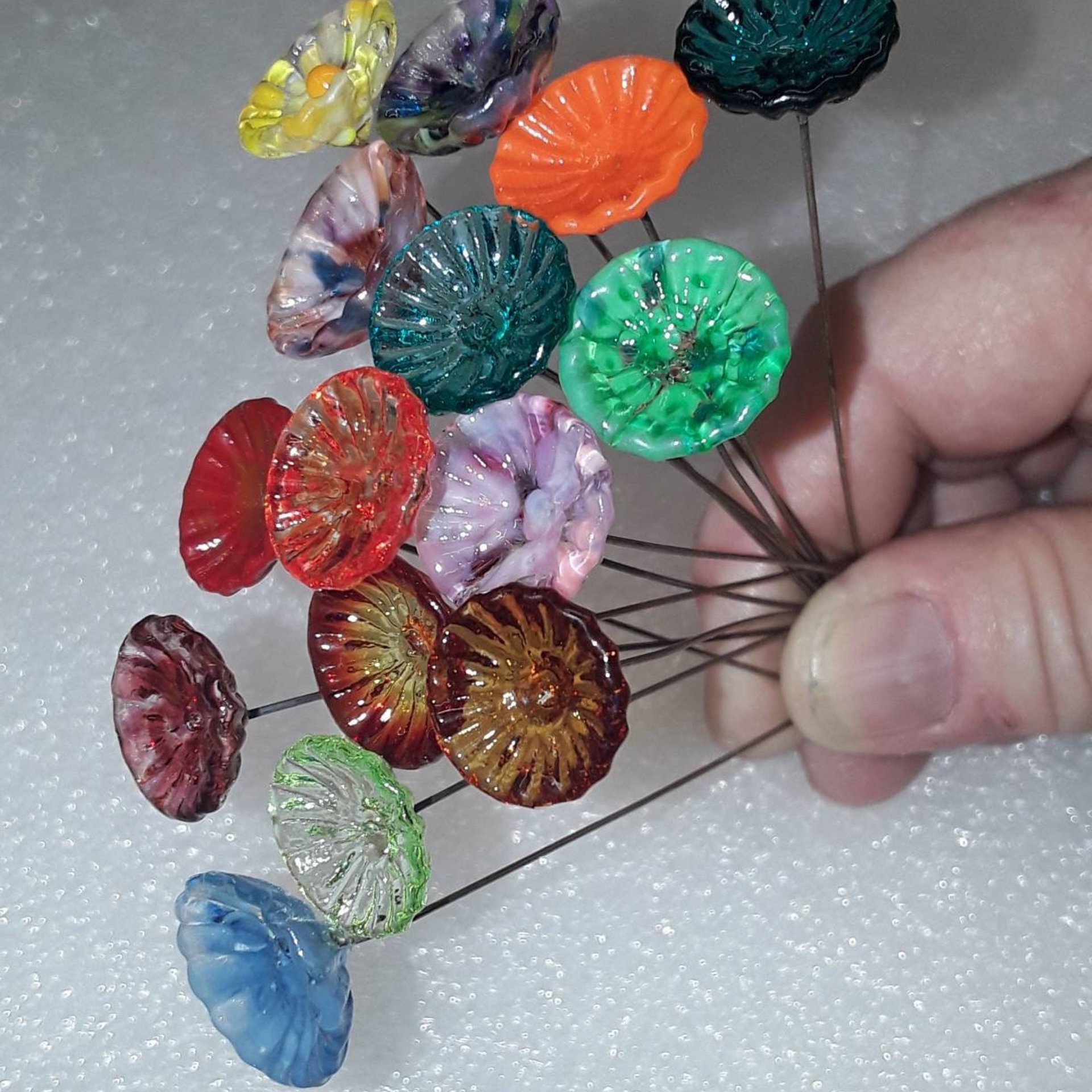 Coral Disk glass flower headpins miniature, tiny, small glass flowers on wire; individually crafted lampwork 1/2" diameter