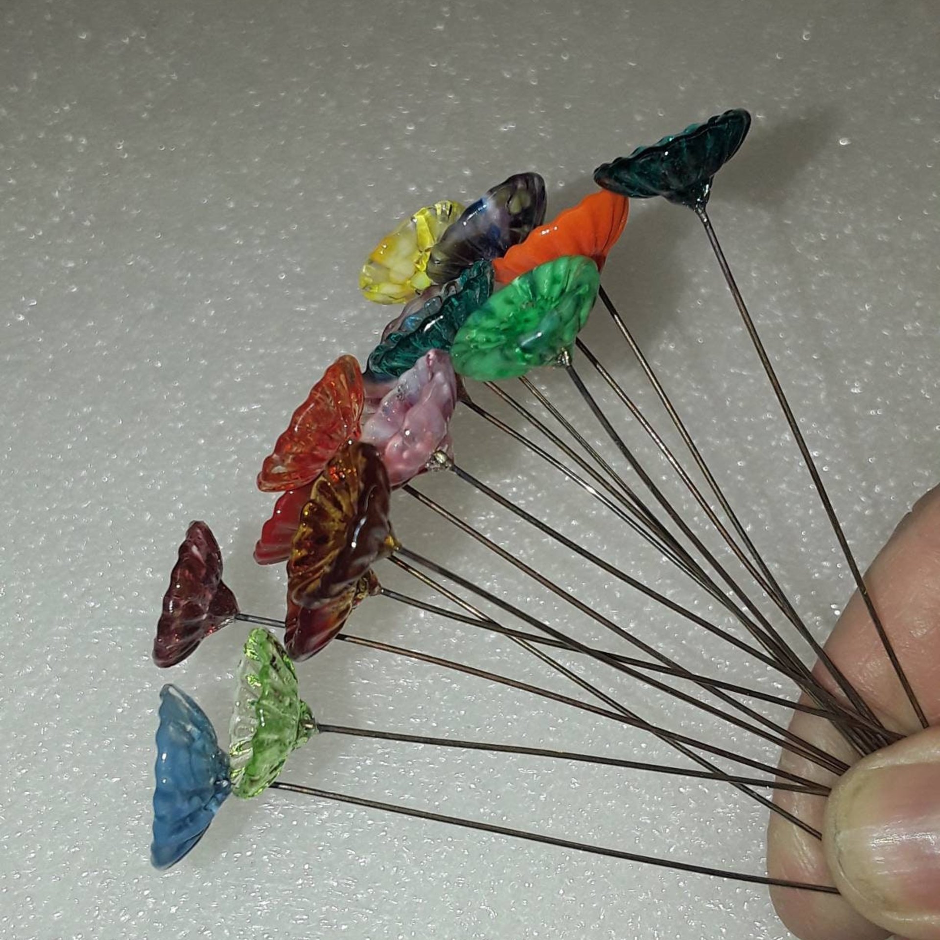 Coral Disk glass flower headpins miniature, tiny, small glass flowers on wire; individually crafted lampwork 1/2" diameter