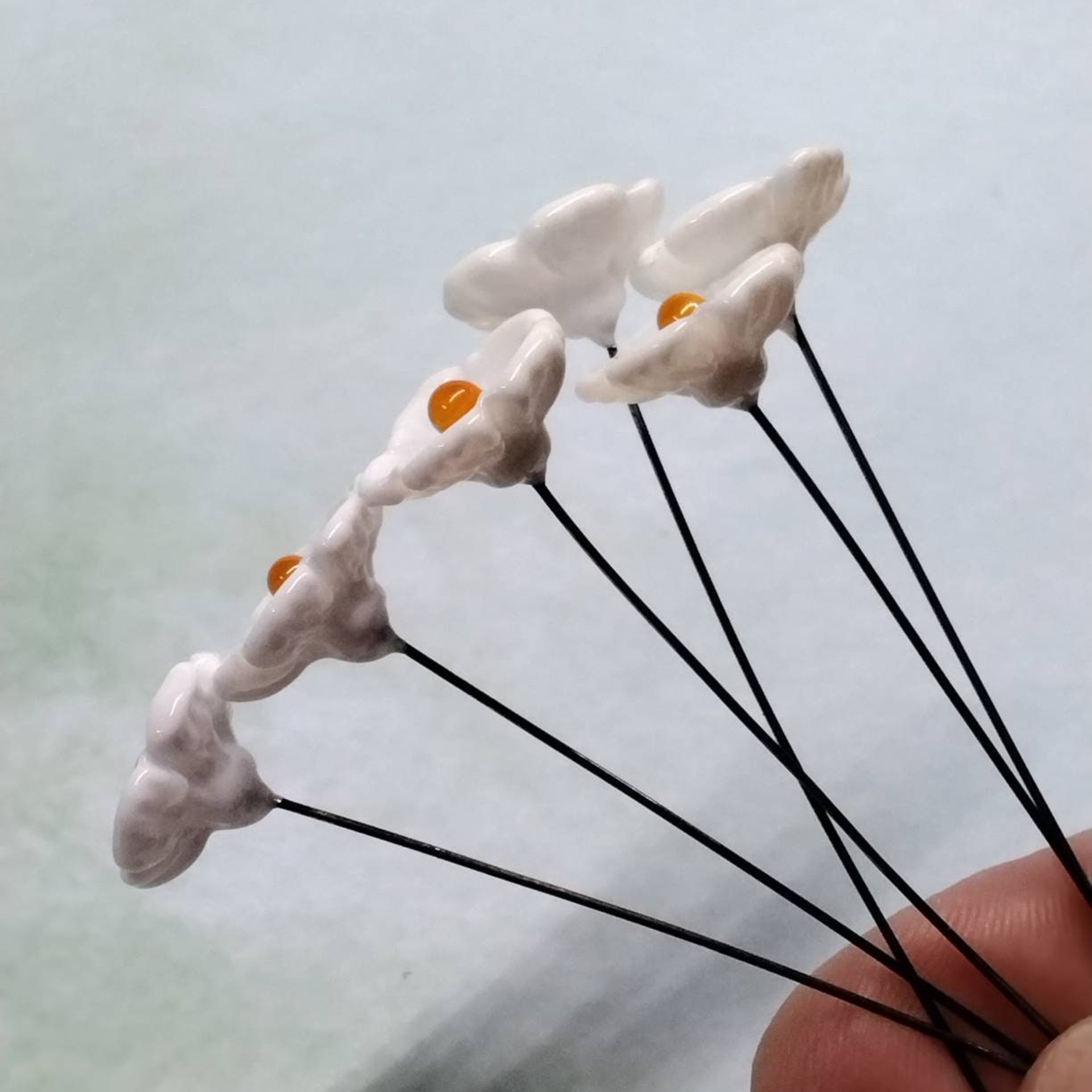 White 5-petal with yellow center glass flower headpins, tiny small mini glass flowers on wire; lampwork, jewelry, mixed media, wedding, gift