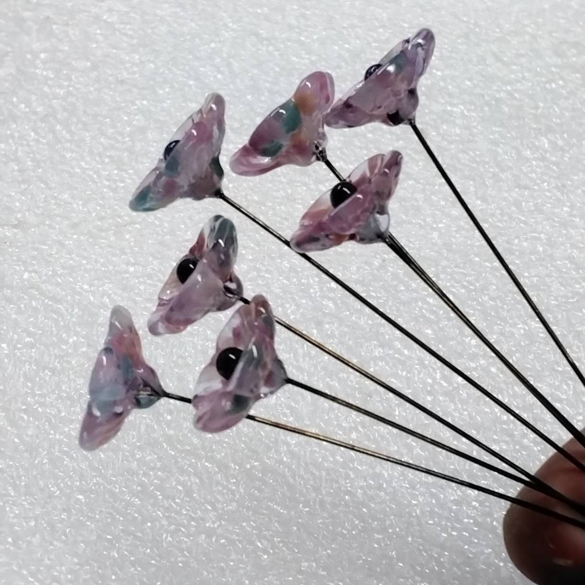 Lavender Garden glass 5-petal mini glass flowers, tiny, small glass flowers on wire; hadcrafted lampwork, jewelry, mixed media, plant gift