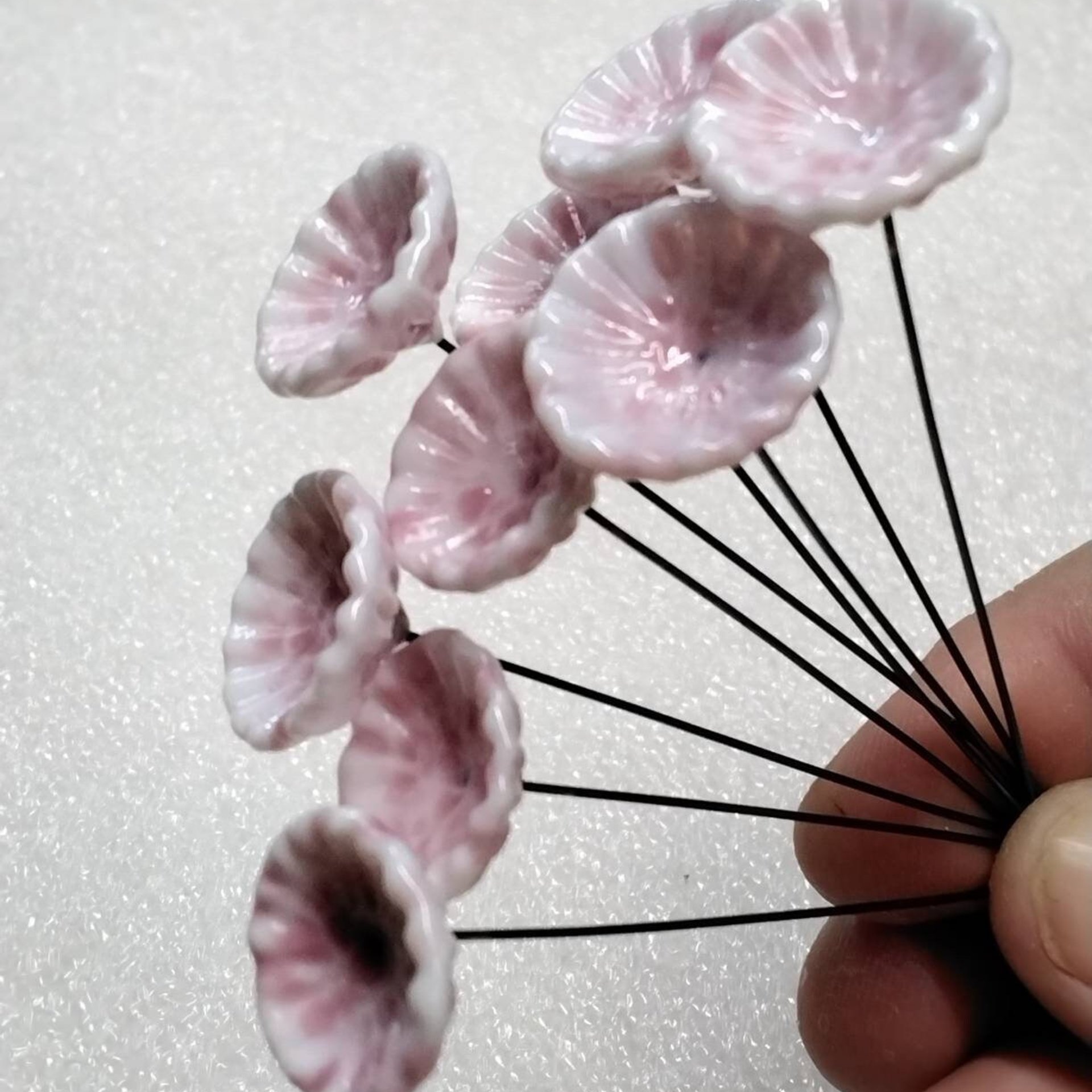 SOFT PINK MOTTLE on White Coral Disk glass flower headpins ~ tiny small mini glass flowers on wire; lampwork, jewelry, mixed media, gifts