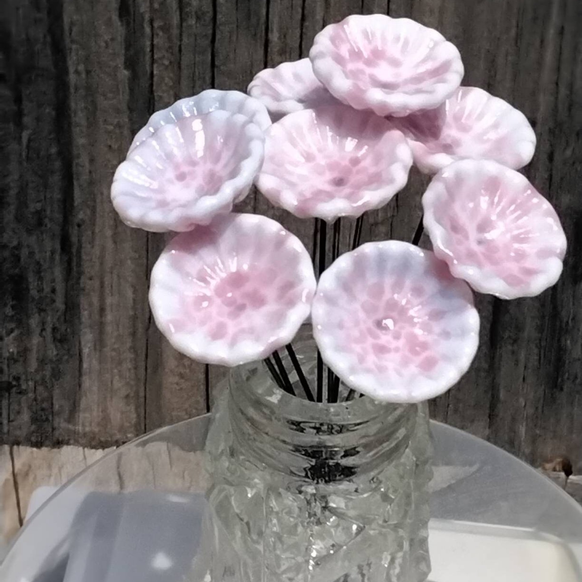 SOFT PINK MOTTLE on White Coral Disk glass flower headpins ~ tiny small mini glass flowers on wire; lampwork, jewelry, mixed media, gifts