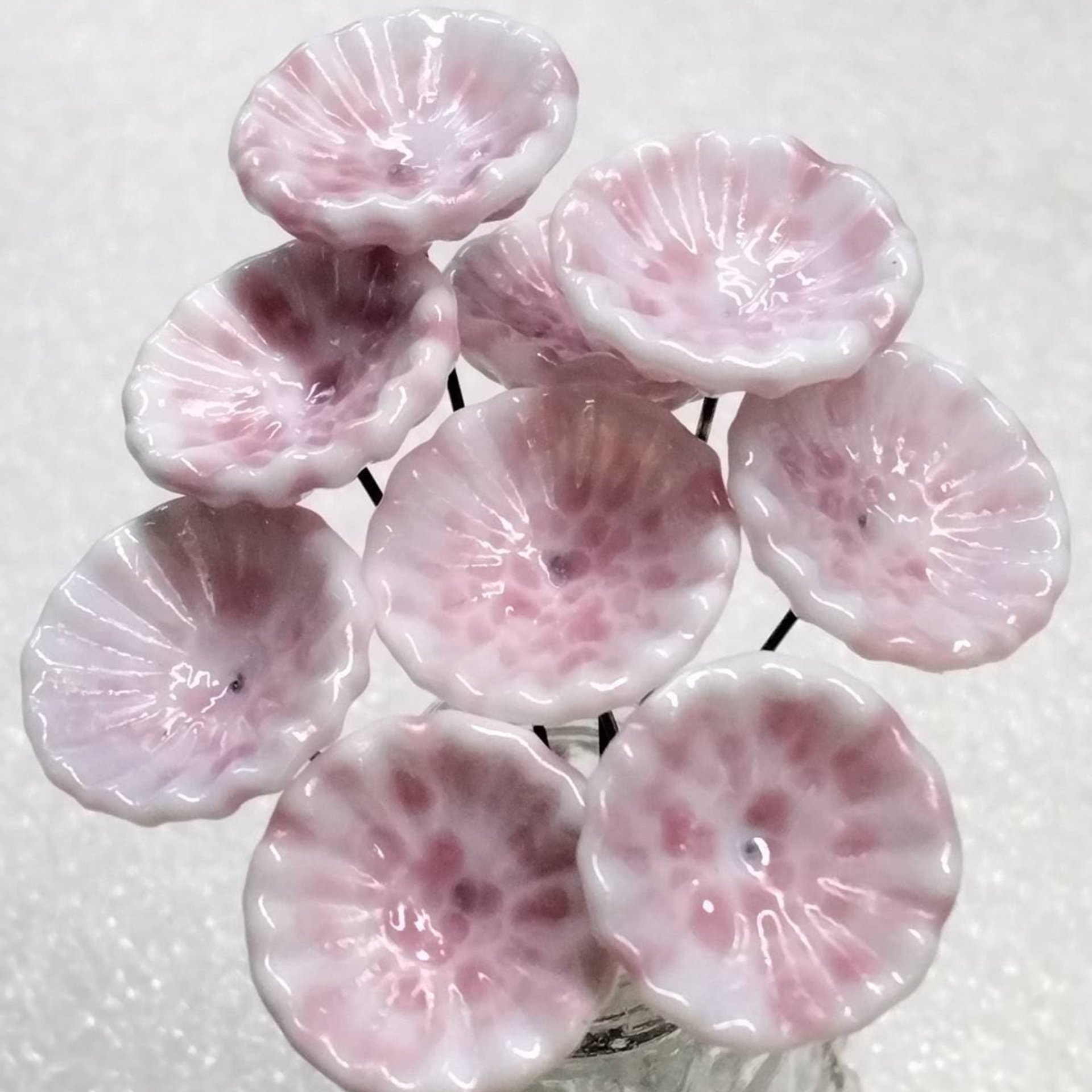 SOFT PINK MOTTLE on White Coral Disk glass flower headpins ~ tiny small mini glass flowers on wire; lampwork, jewelry, mixed media, gifts