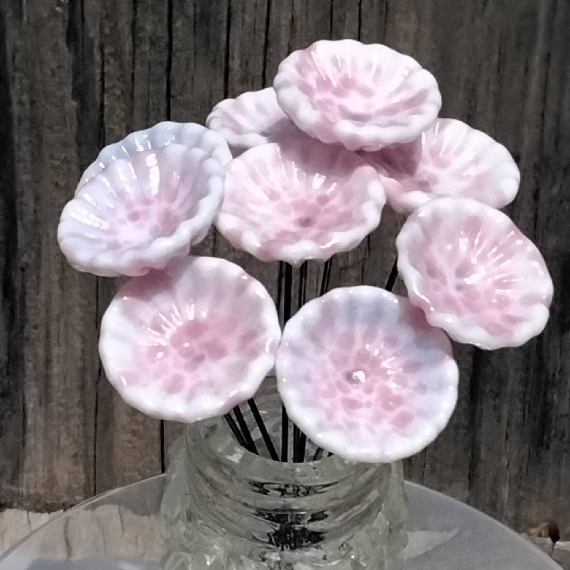 SOFT PINK MOTTLE on White Coral Disk glass flower headpins ~ tiny small mini glass flowers on wire; lampwork, jewelry, mixed media, gifts