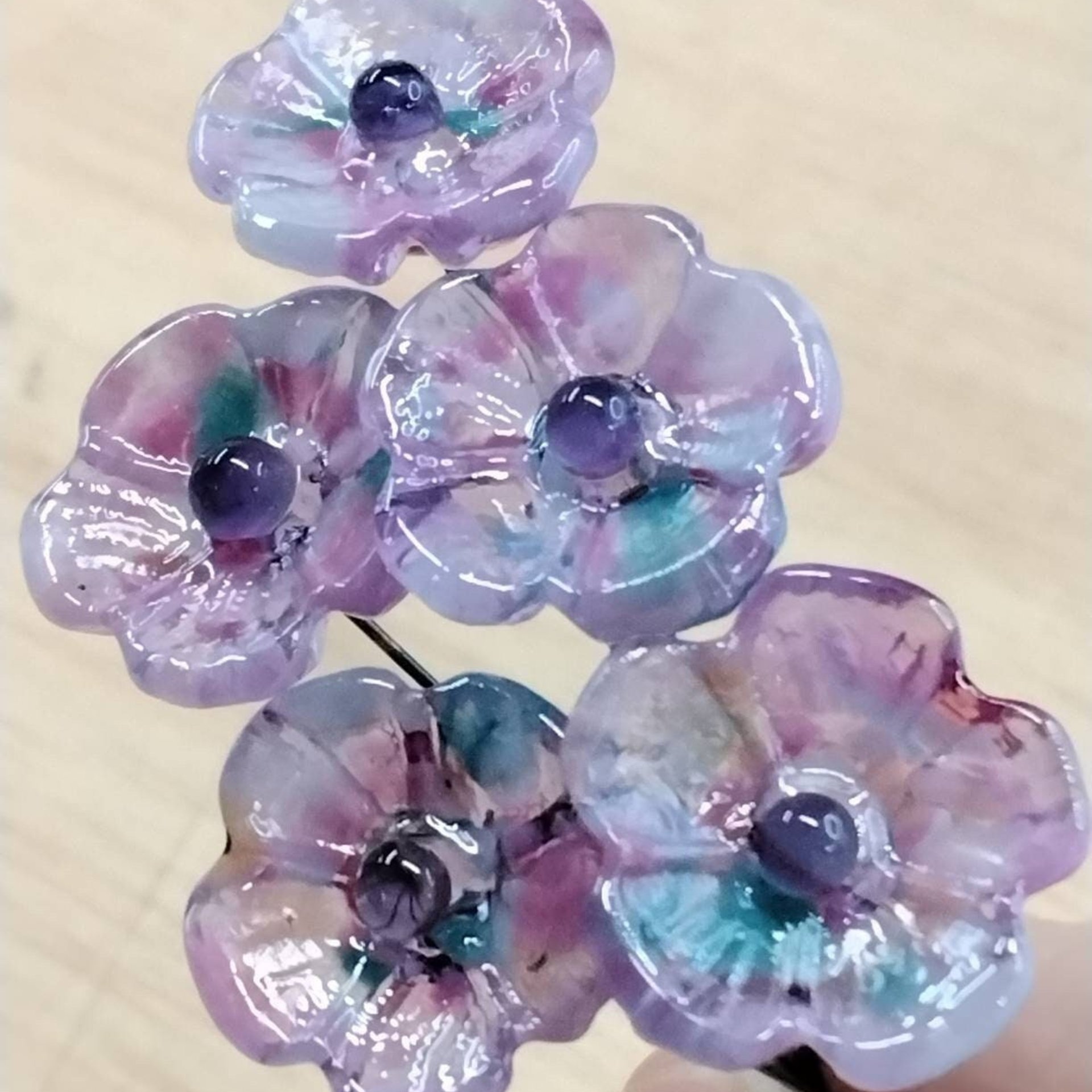 Lavender Garden glass 5-petal mini glass flowers, tiny, small glass flowers on wire; hadcrafted lampwork, jewelry, mixed media, plant gift
