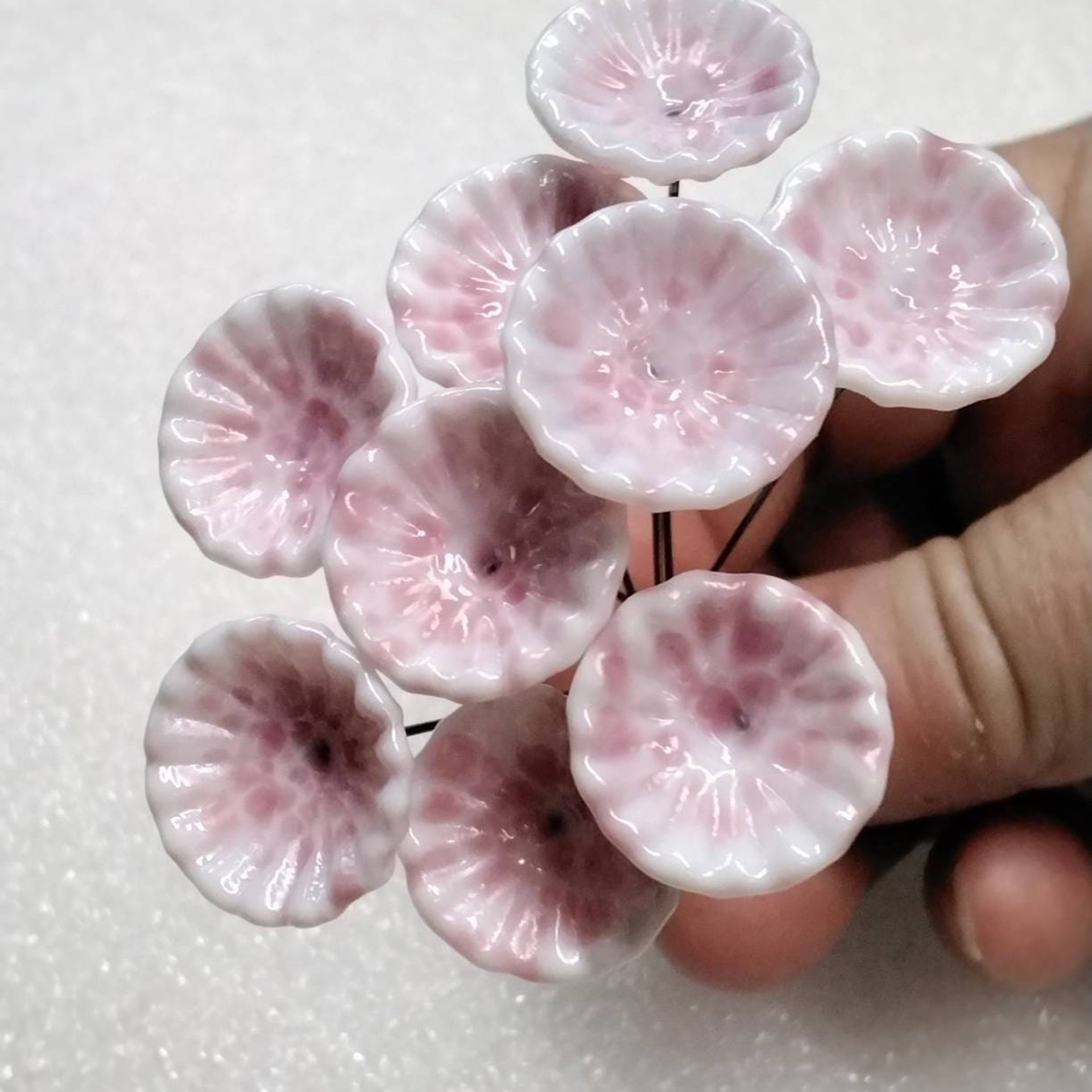 SOFT PINK MOTTLE on White Coral Disk glass flower headpins ~ tiny small mini glass flowers on wire; lampwork, jewelry, mixed media, gifts