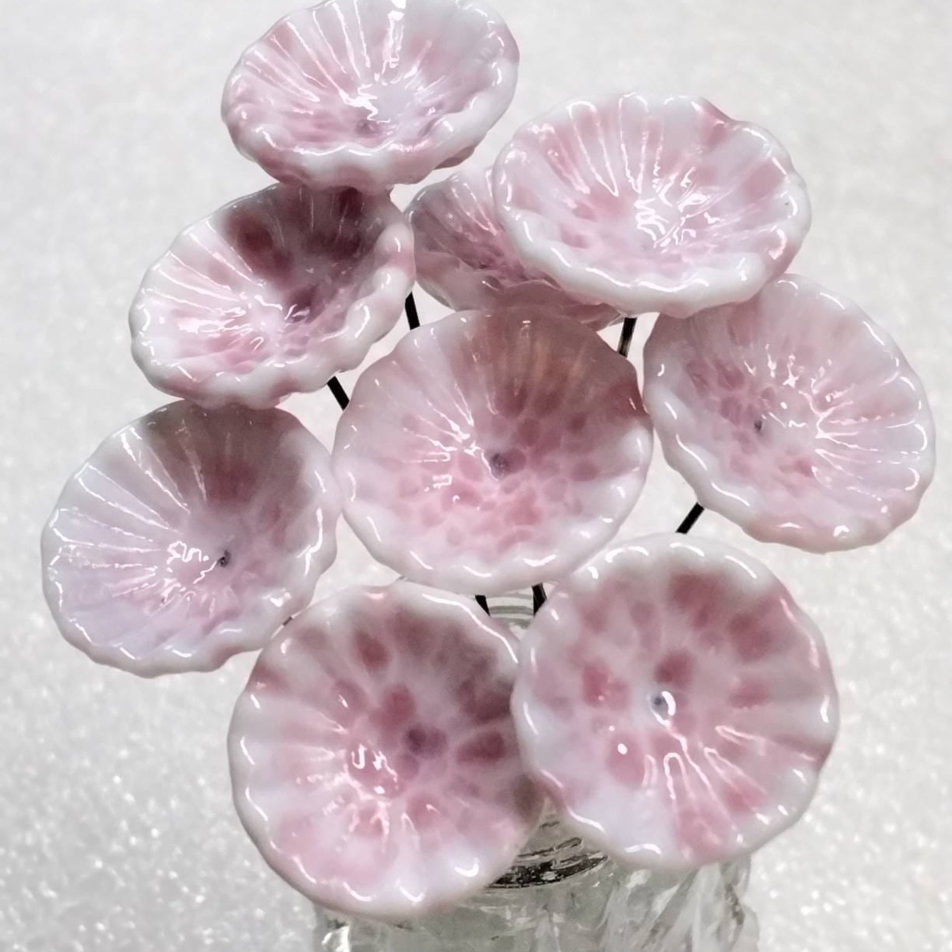 SOFT PINK MOTTLE on White Coral Disk glass flower headpins ~ tiny small mini glass flowers on wire; lampwork, jewelry, mixed media, gifts