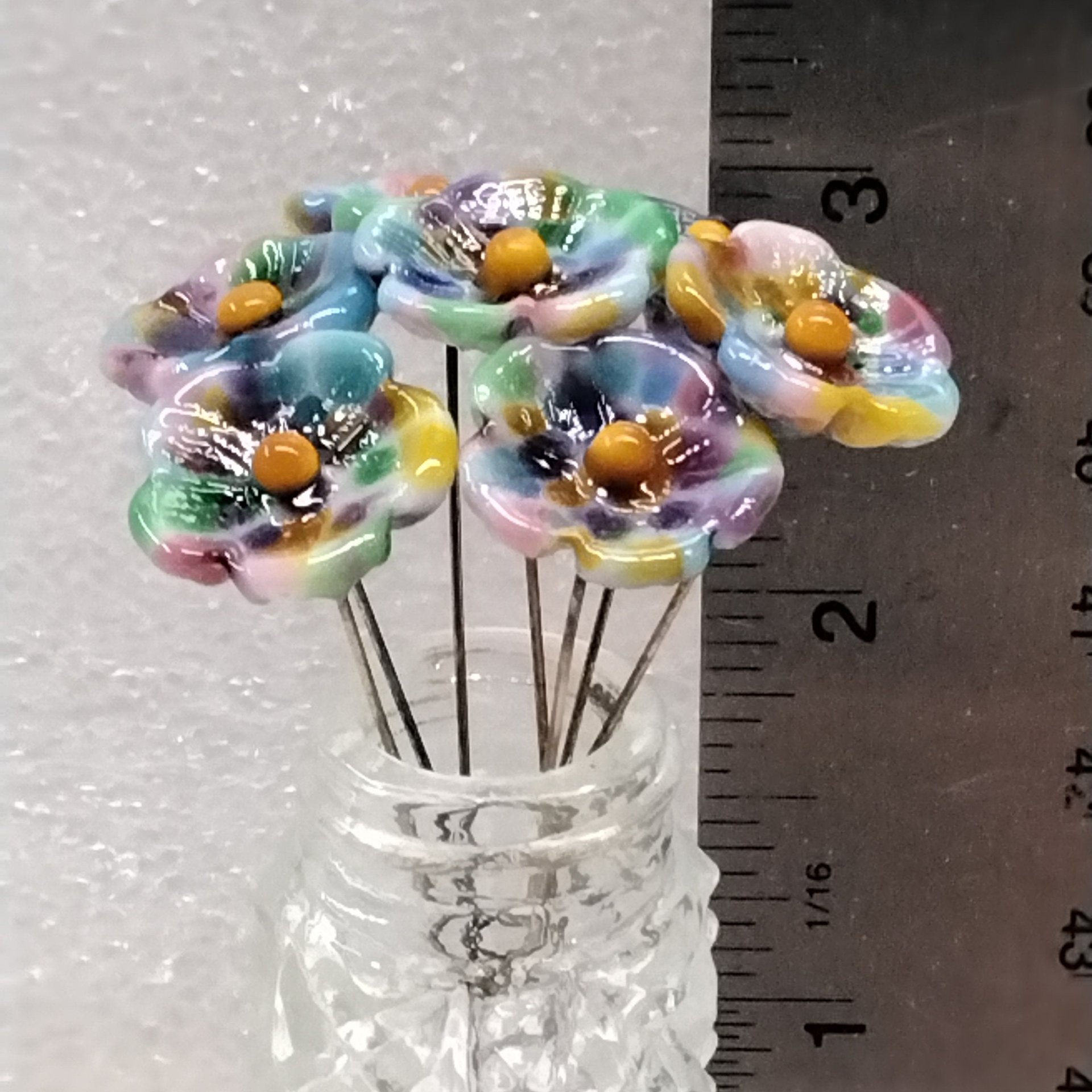 Tie Dye 5-petal glass flower headpins ~ tiny small mini glass flowers on wire; individually crafted lampwork by me in my studio