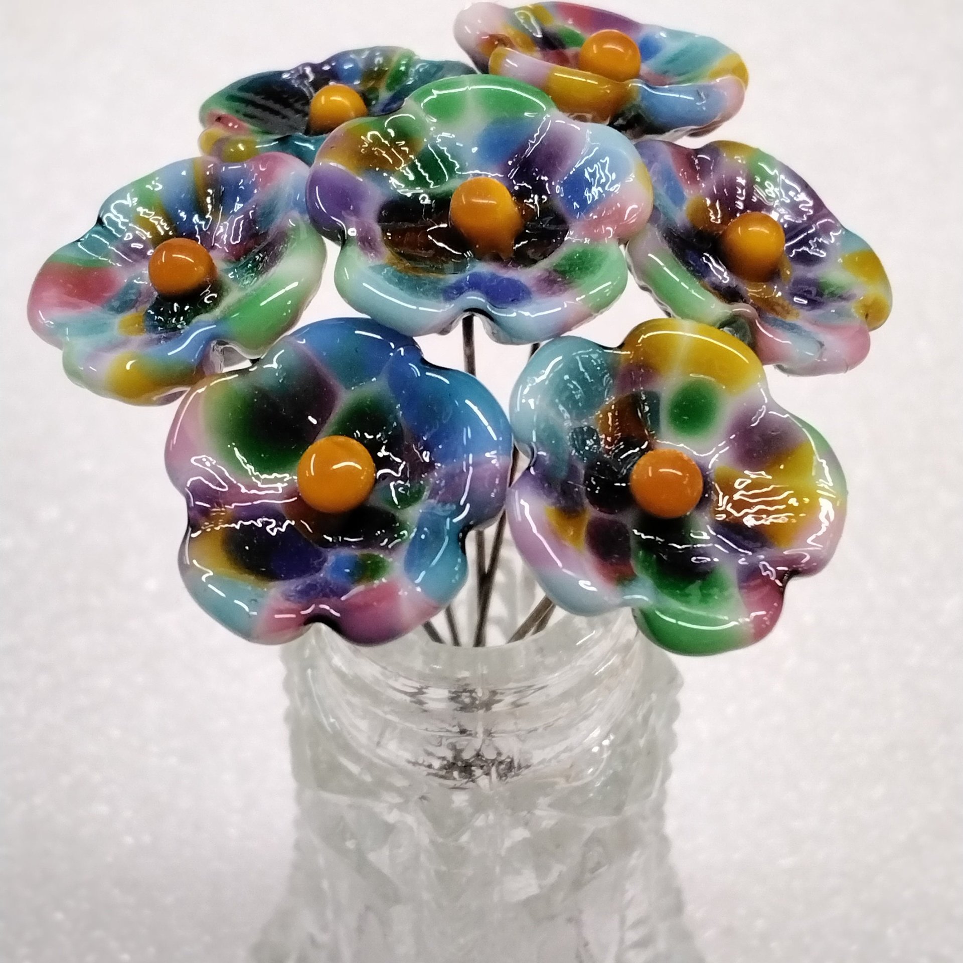 Tie Dye 5-petal glass flower headpins ~ tiny small mini glass flowers on wire; individually crafted lampwork by me in my studio