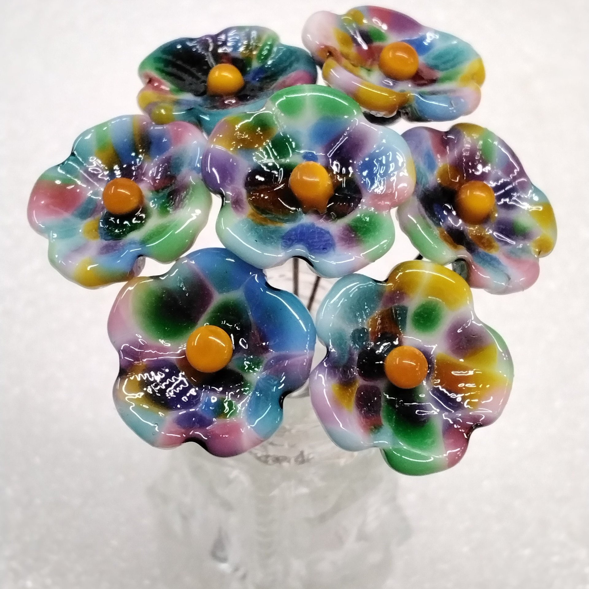 Tie Dye 5-petal glass flower headpins ~ tiny small mini glass flowers on wire; individually crafted lampwork by me in my studio