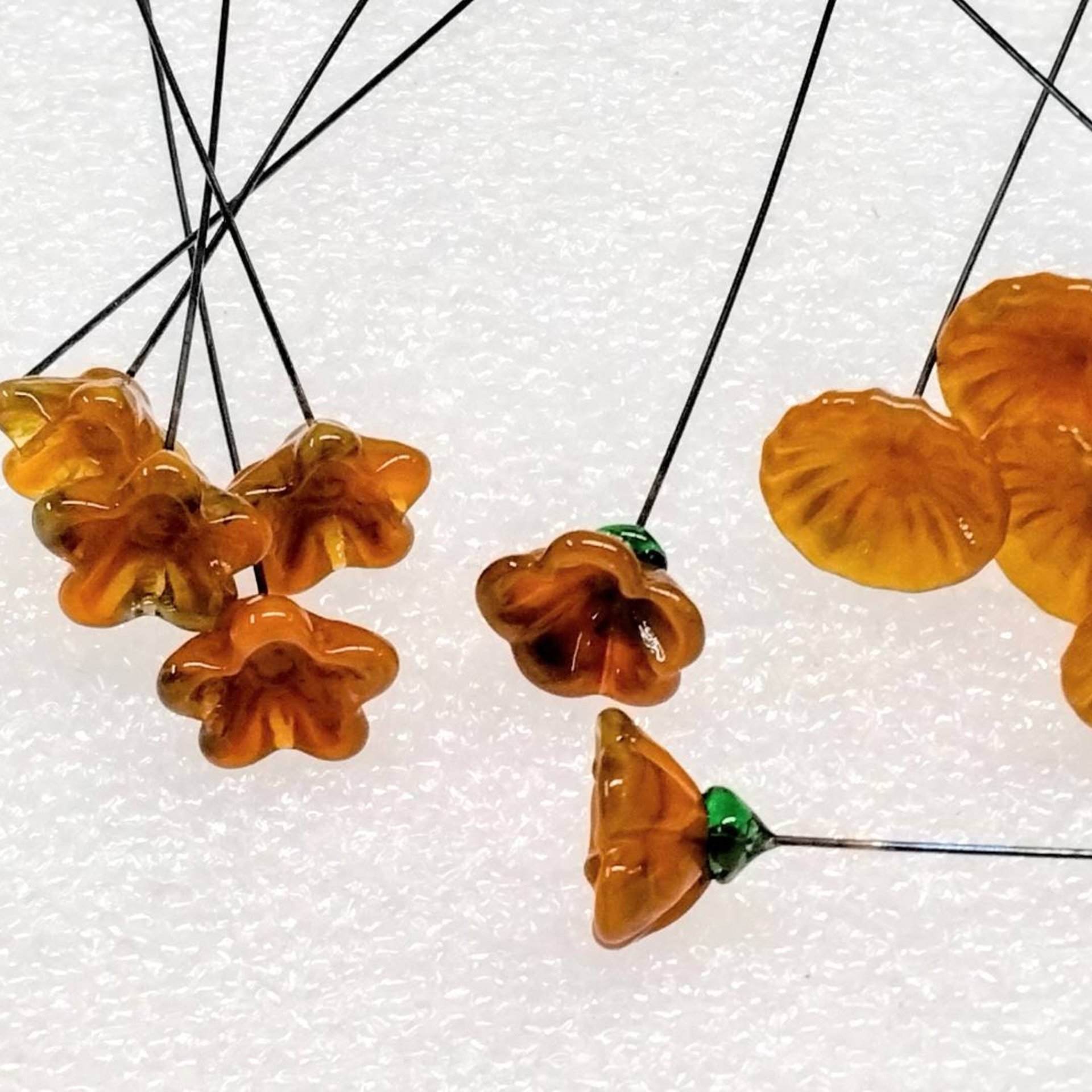 PUMPKIN SPICE glass flowers, tiny small mini glass flowers on wire; handcrafted lampwork, jewelry, mixed media, wedding, small gifts, fall